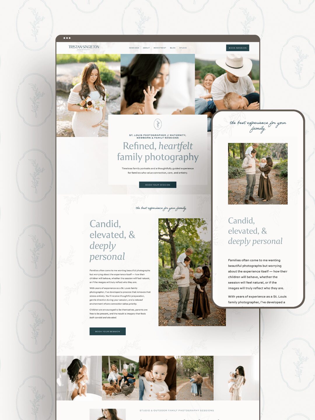 Screenshots of family photography website with images of people outdoors, text about heartfelt family photography, and sample photos of children and adults.