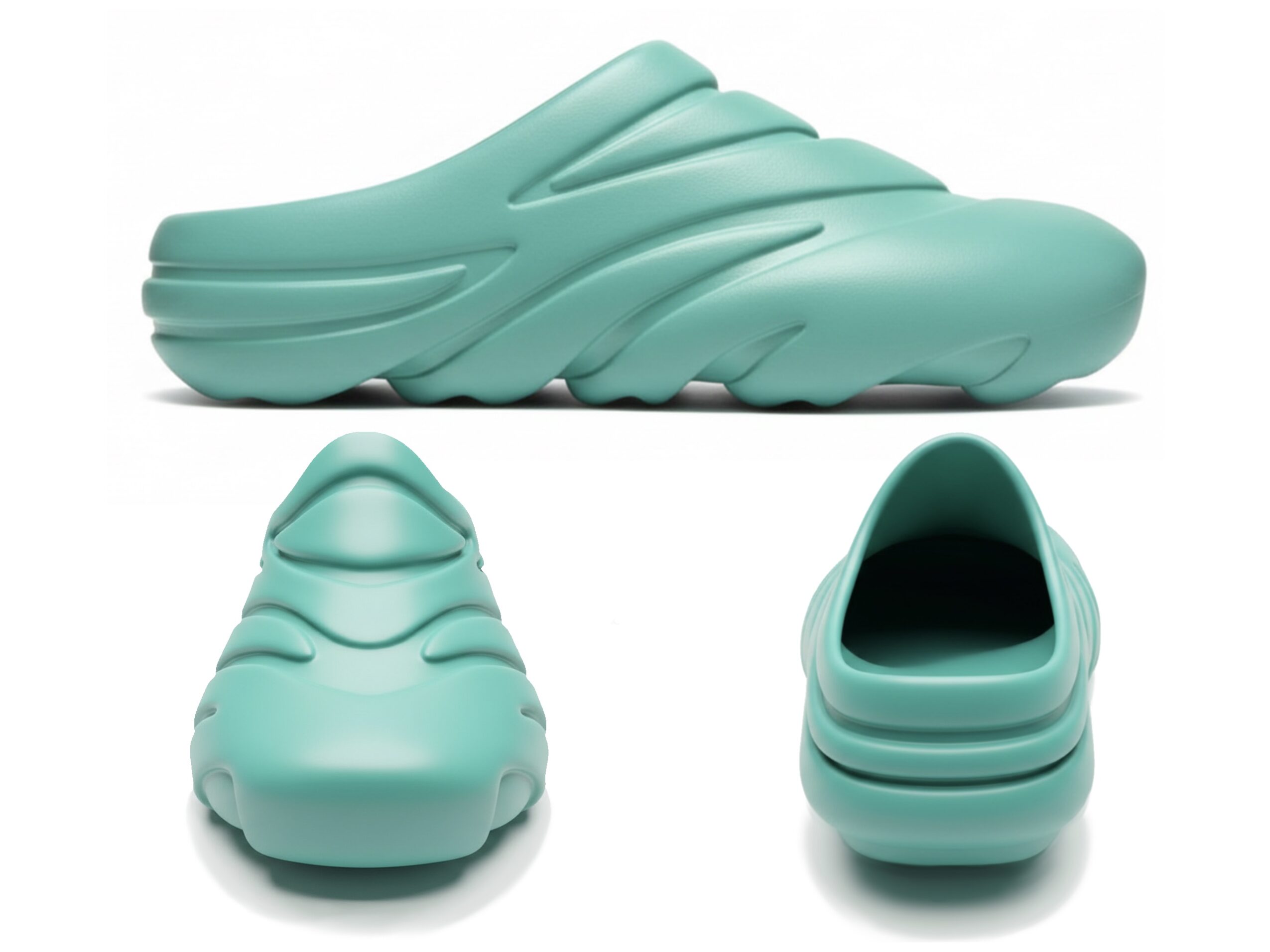 Three views of a teal, chunky, slip-on shoe with a textured sole, shown from side, front, and top angles.