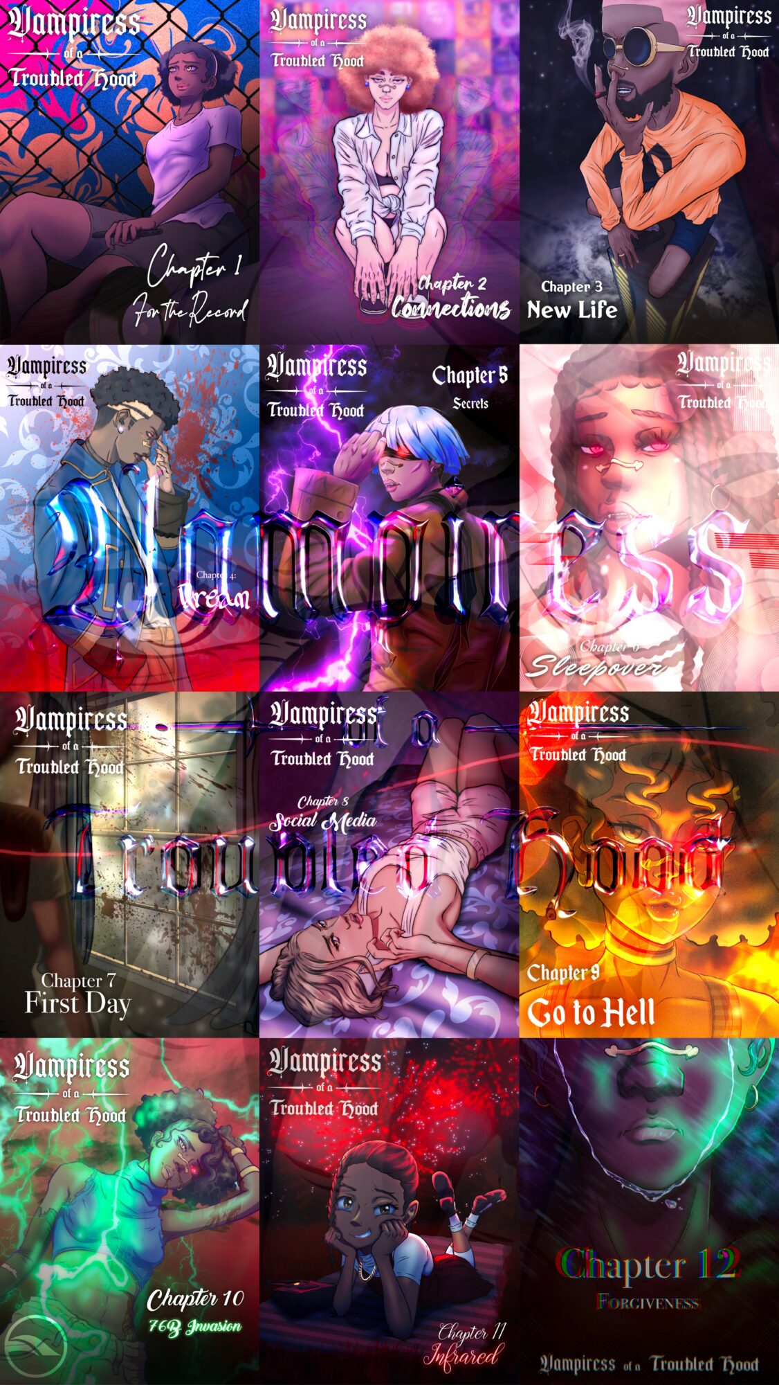 Nine colorful digital illustrations of female characters in various poses and settings, with some text overlays.