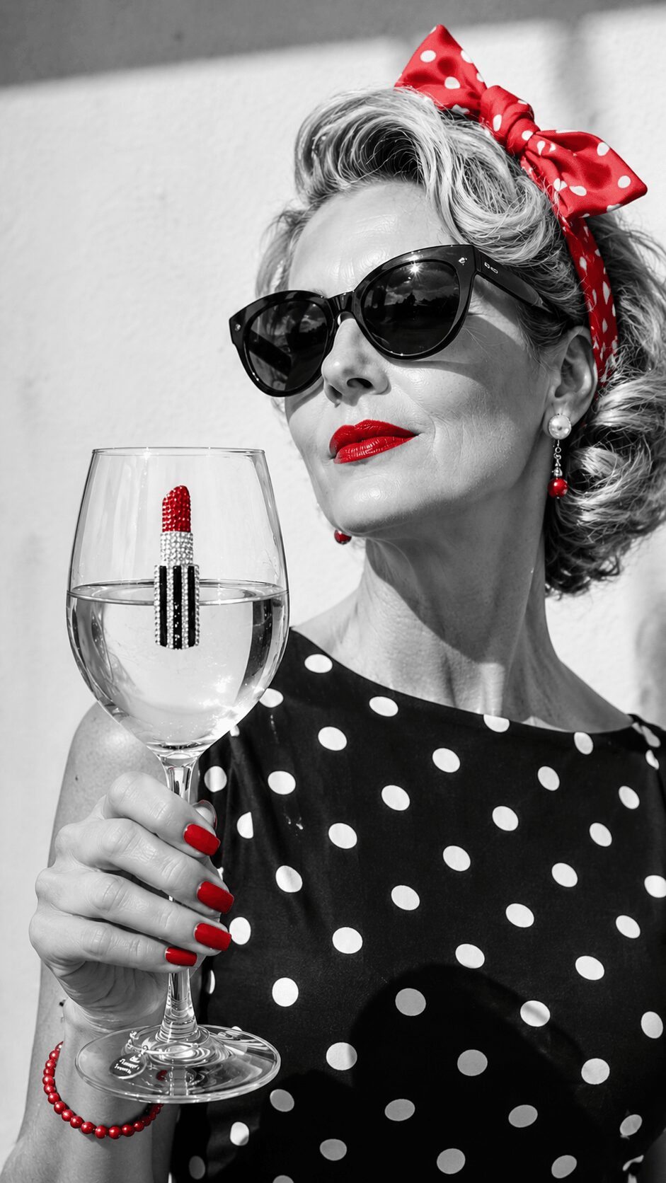 Woman with polka dot dress, red lipstick, and headband holding a glass with lipstick inside, in black and white with red accents
