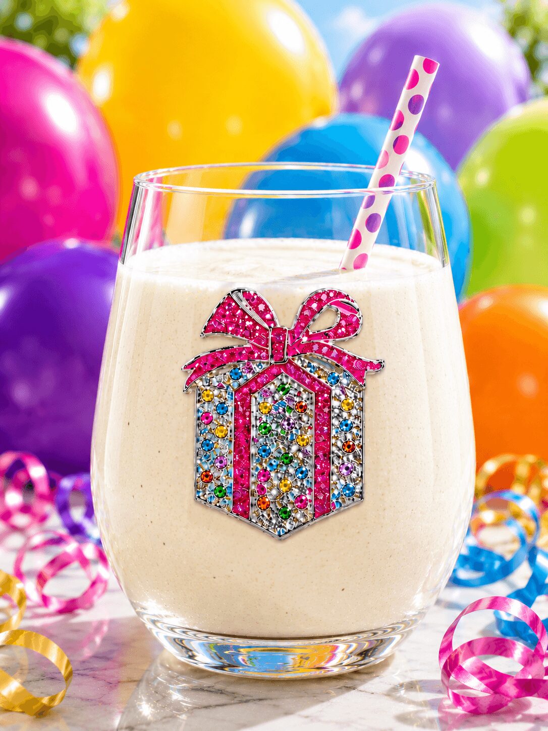 A glass of milk with a pink polka dot straw and a colorful gift-shaped decoration hanging on the glass, surrounded by colorful balloons.
