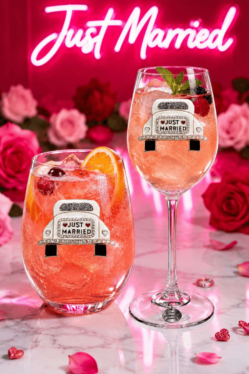 Two glasses with pink drinks and fruit, surrounded by roses and petals, with a neon sign reading 'Just Married' in the background.