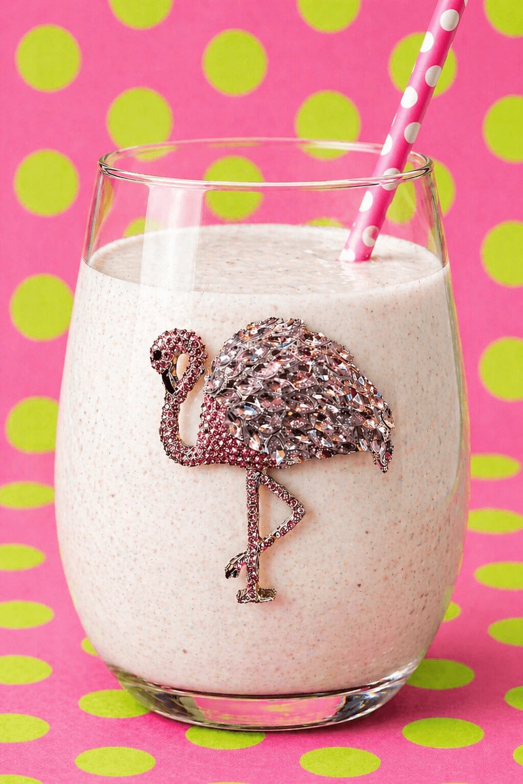 Glass of pink smoothie with a flamingo decoration and a pink and white striped straw, against a pink background with green polka dots.