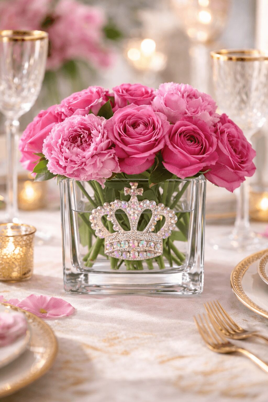 Pink roses and peonies in a glass vase with a crown-shaped decoration, on a decorated table with glasses and gold accents.