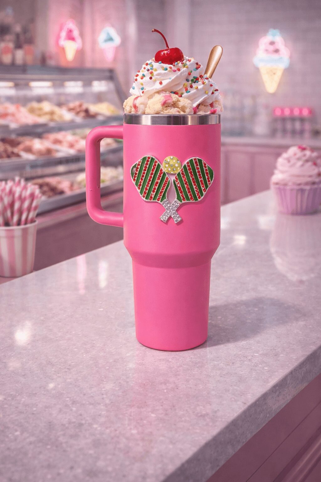 Pink cup with a heart-shaped design, filled with ice cream, cherry, and toppings, on a pink countertop in a dessert shop.