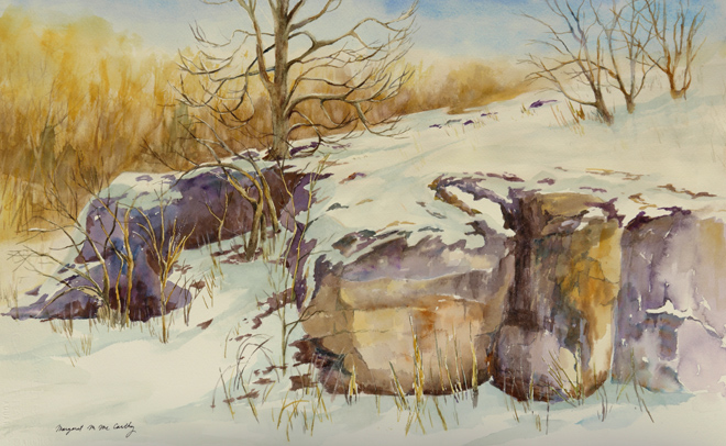 Snow-covered landscape with rocks, leafless trees, and a cloudy sky, painted in soft watercolor style.