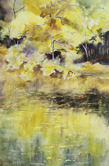 Water reflecting trees with yellow and green leaves, watercolor style, peaceful landscape scene.