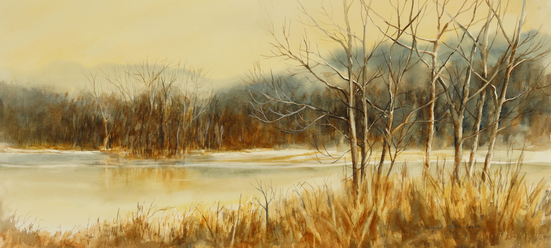 Water with trees and grasses along the shoreline, cloudy sky, and distant hills, in a landscape painting style.