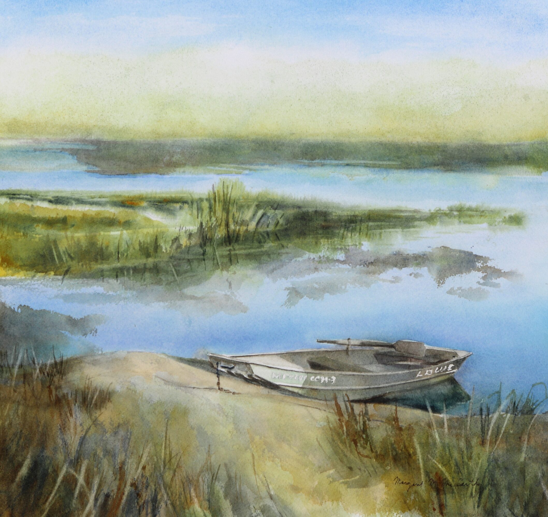 A boat resting on a lakeshore with water, grass, and sky in the background, painted in watercolor style.