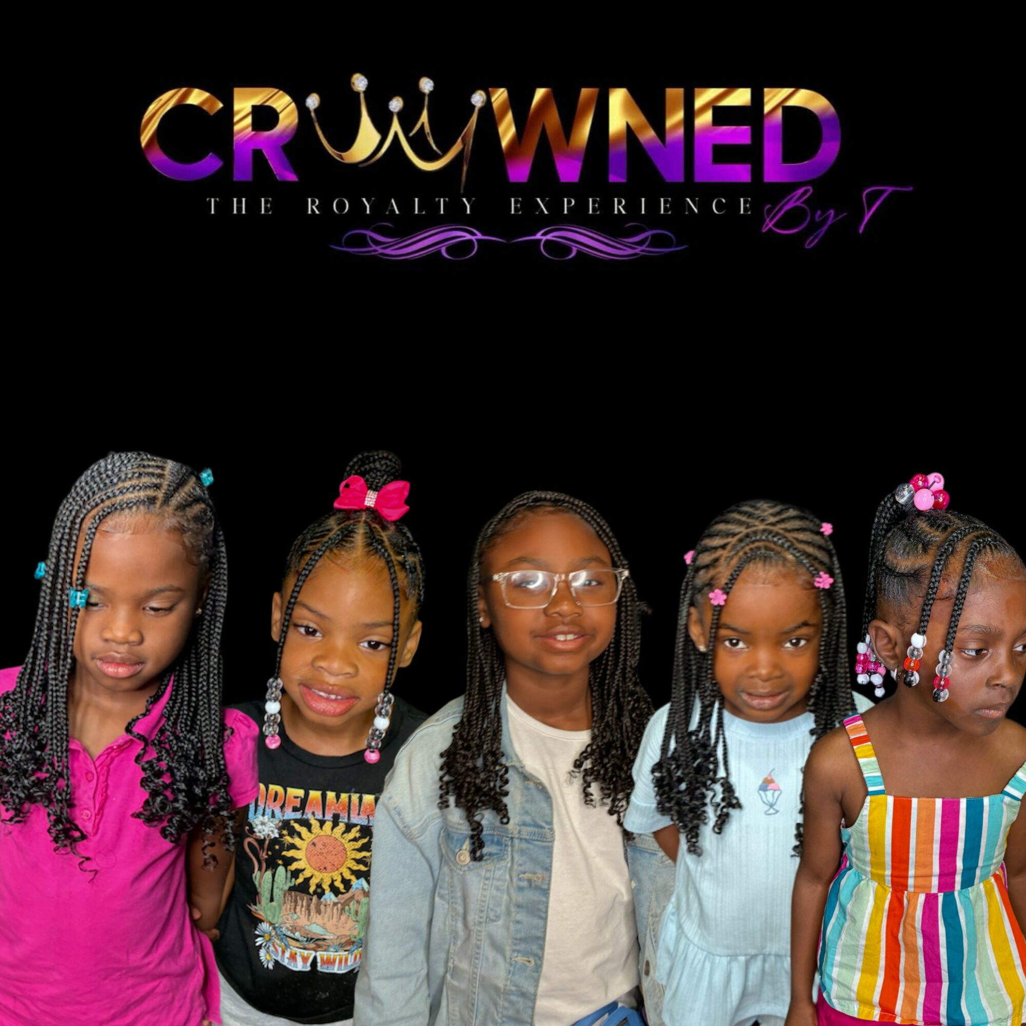 Group of five young girls with braided hair, wearing colorful outfits, standing together against a black background.
