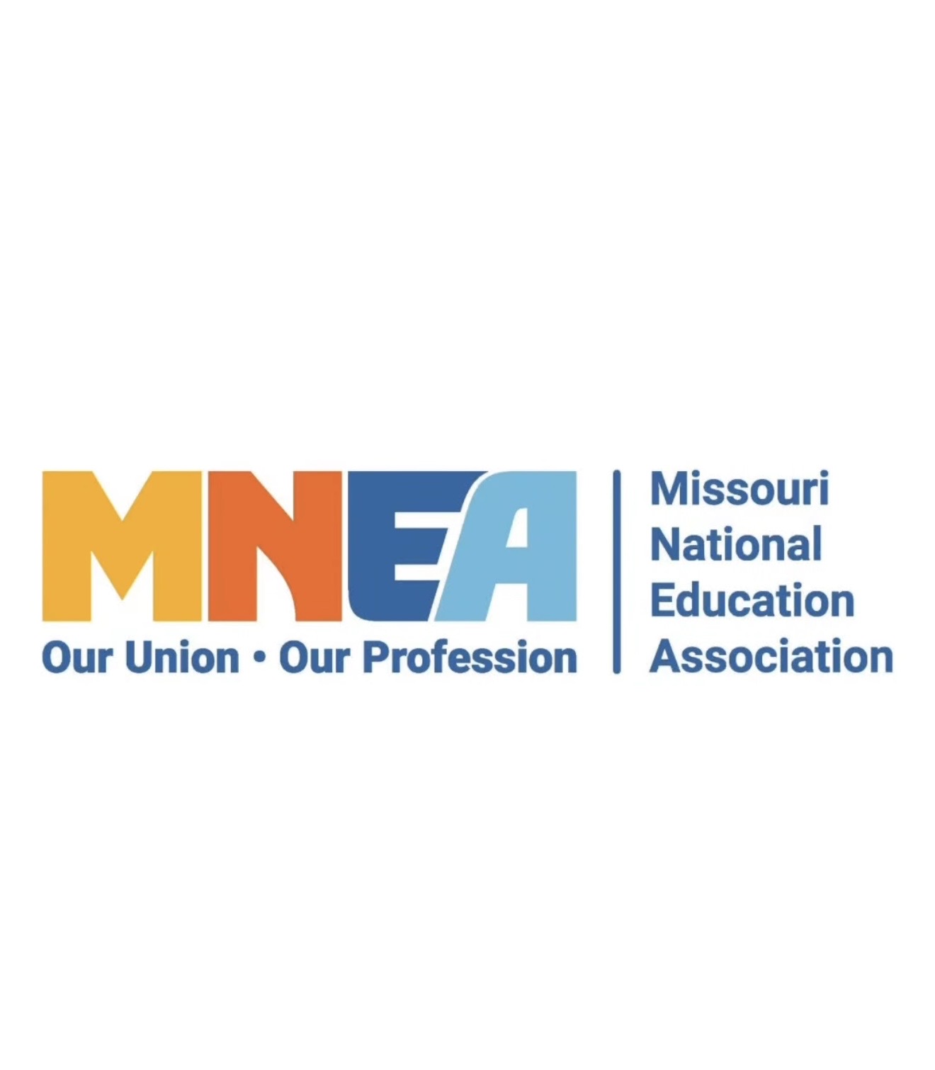 Logo with MNEA and Missouri National Education Association text, featuring orange, red, blue, and light blue colors, and slogan.