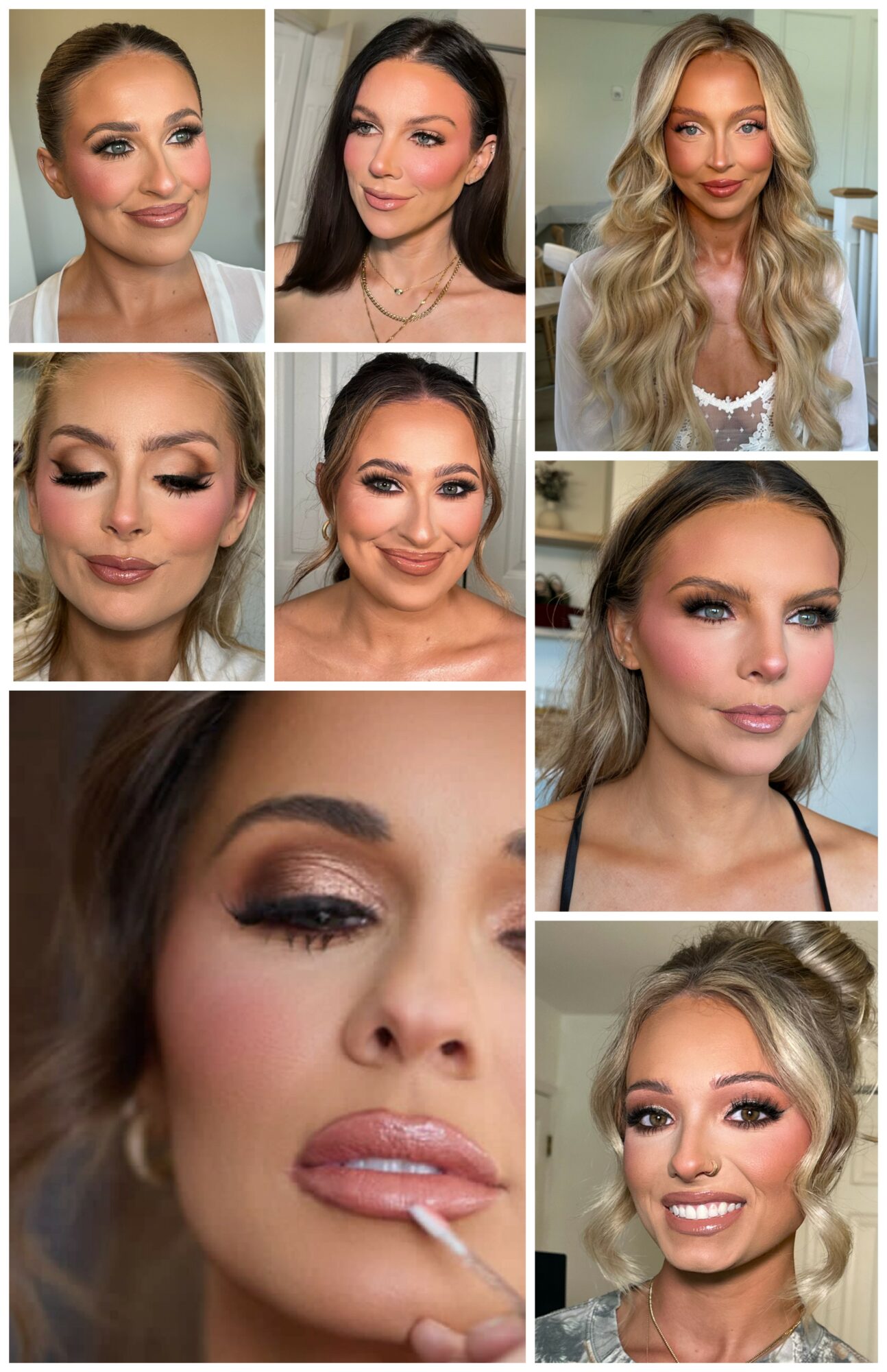 Collage of eight women with makeup and styled hair, some smiling, some with neutral expressions, in various poses.