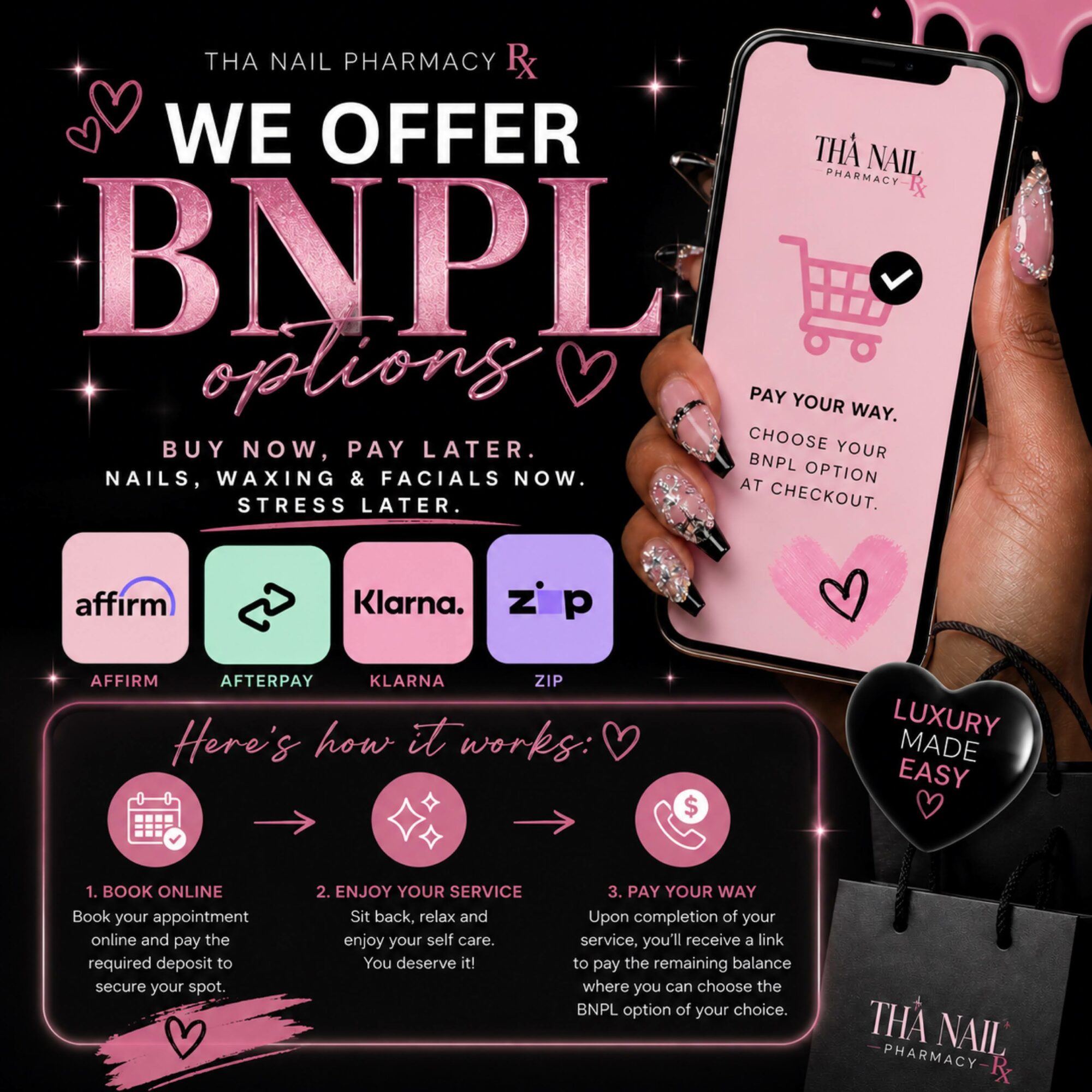 Promotional poster for nail salon offering BNPL options, showing a phone with checkout screen, logos, and service steps.
