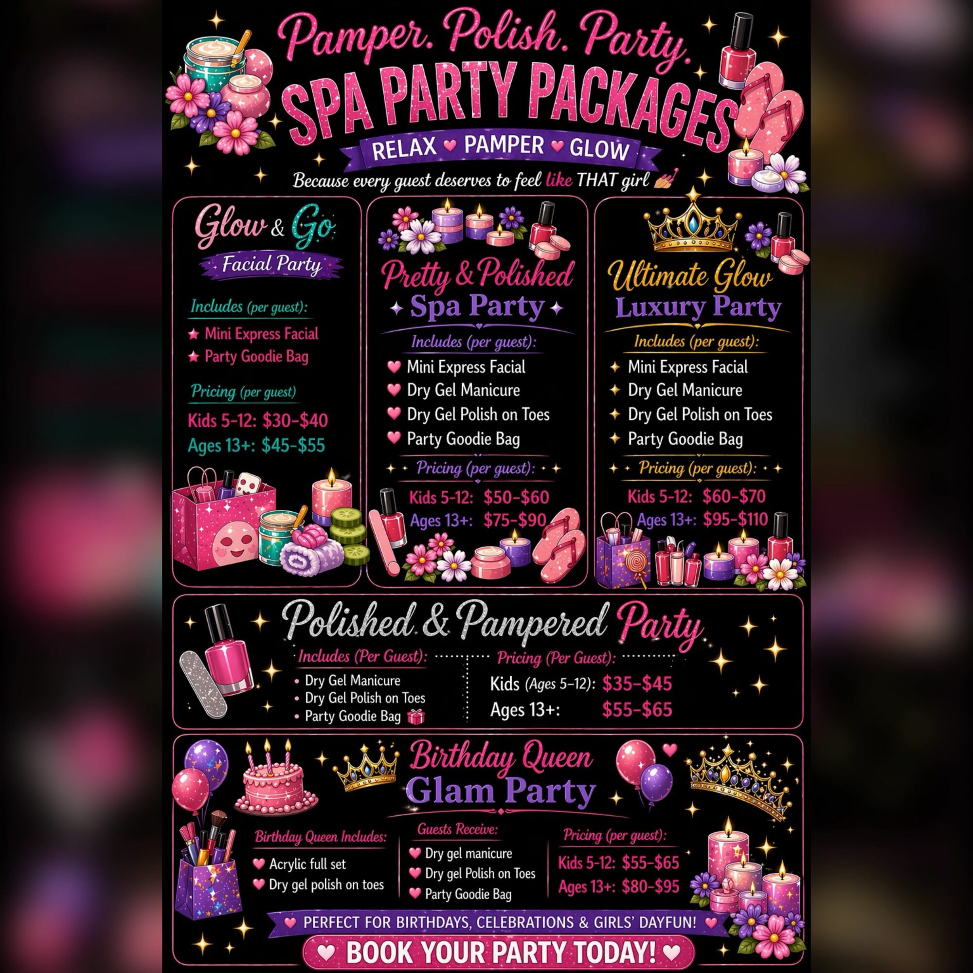 Colorful poster advertising spa party packages with images of candles, flowers, and skincare products, and text detailing packages and prices.