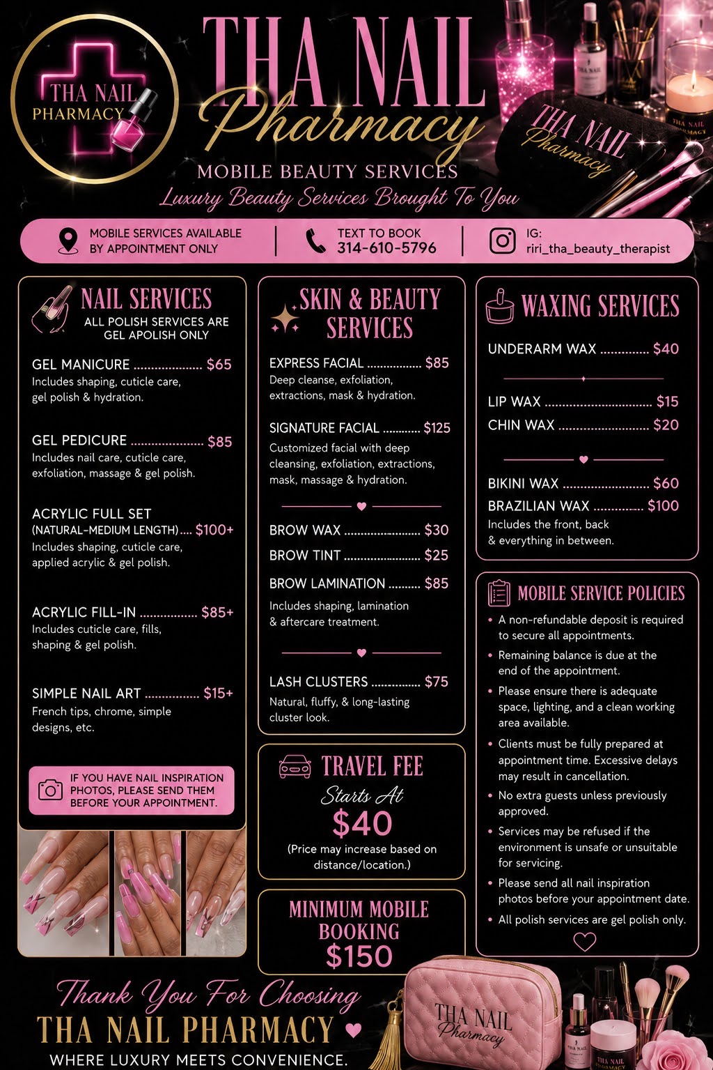 Pink and black nail salon menu with services and prices, featuring nail, skin, waxing, and mobile services, with a thank you message.