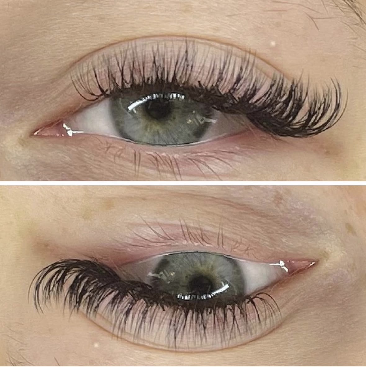 Close-up of a person's eye with long, curled eyelashes, shown from front and side views.