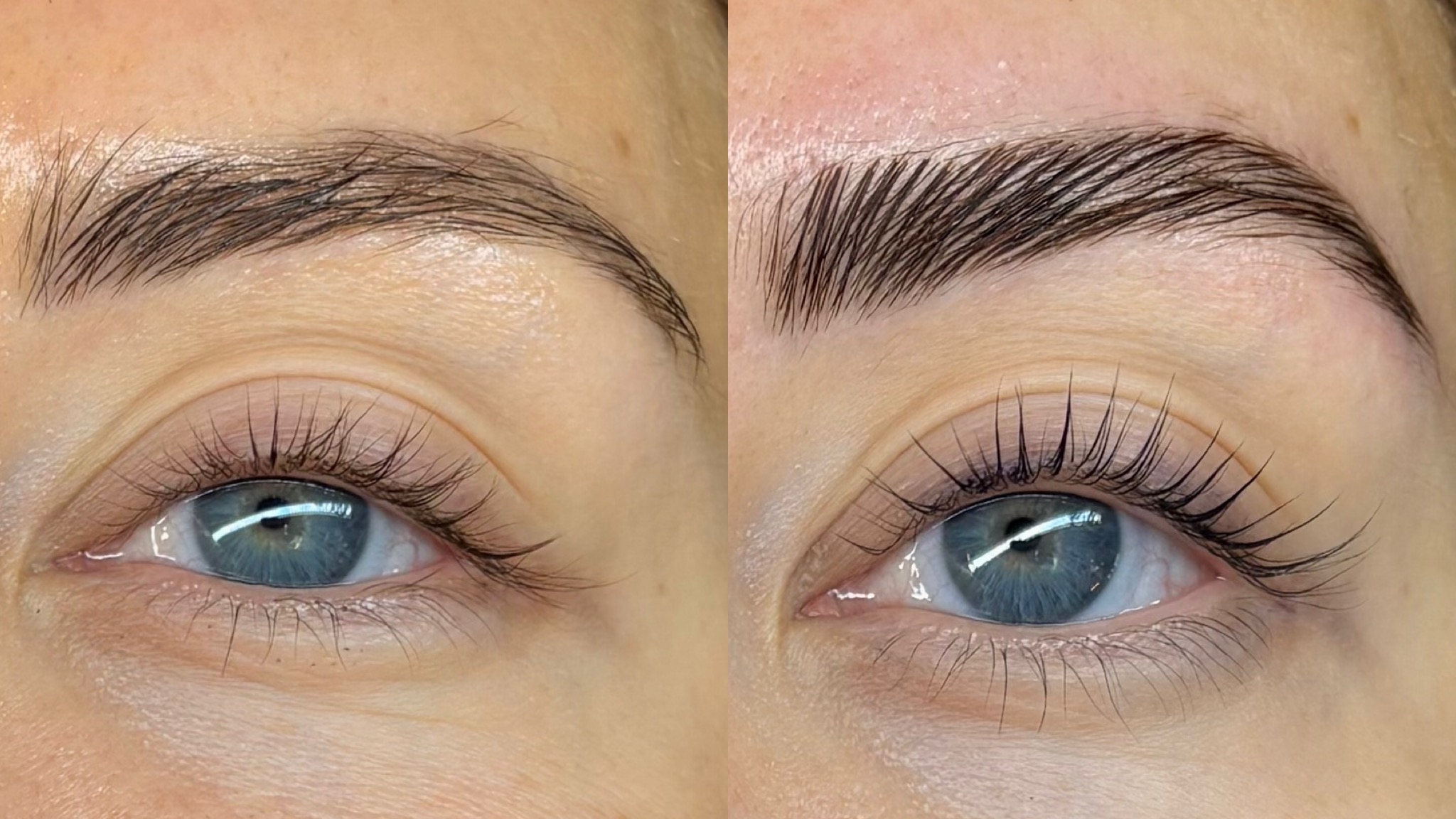 Close-up of a person's eye showing before and after eyebrow enhancement, with visible eyelashes and blue eye color.