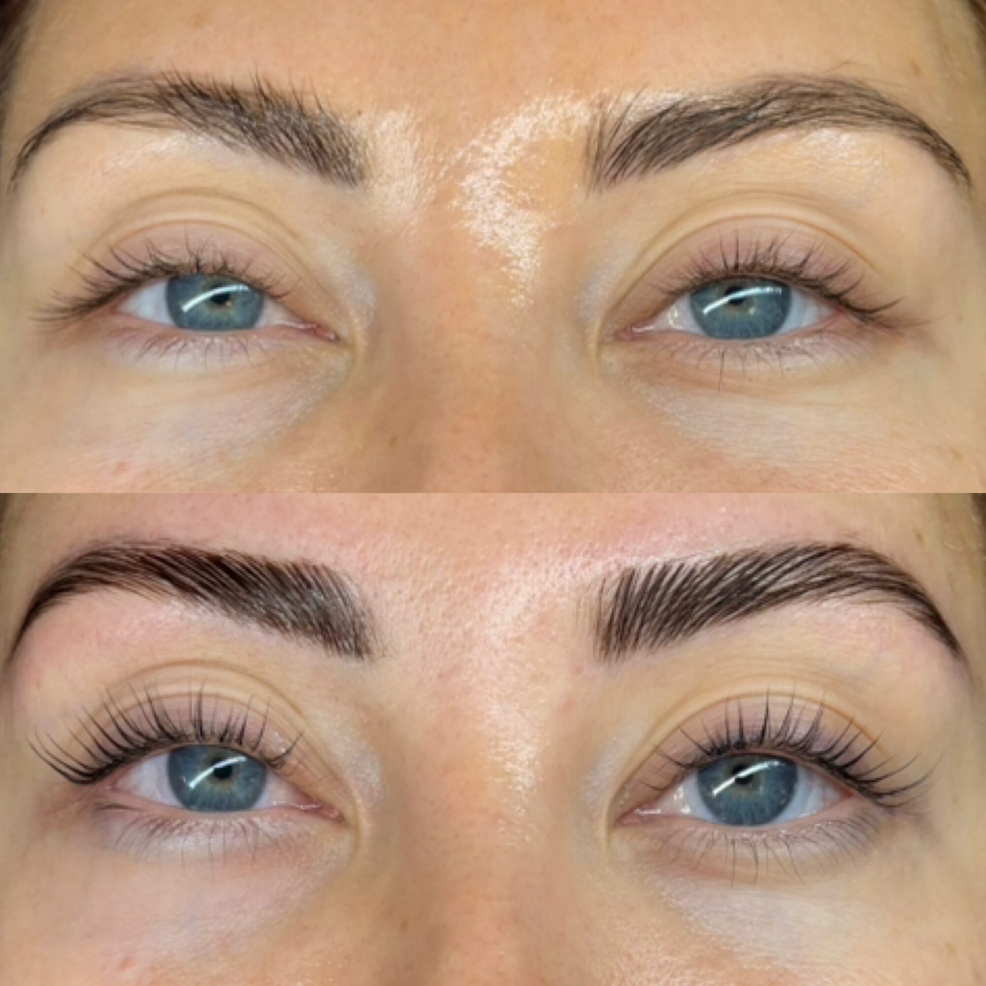 Close-up of a person's eyes before and after eyebrow grooming, showing changes in eyebrow shape and fullness.