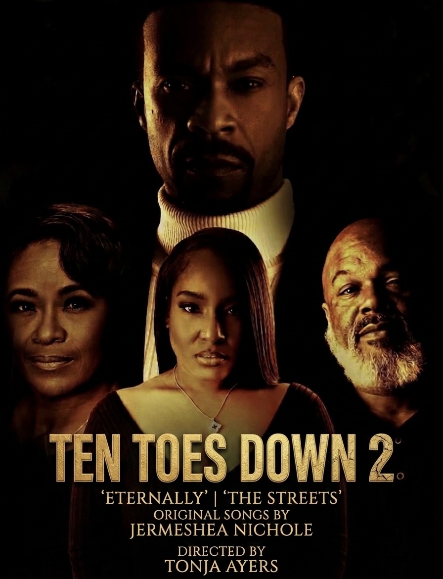 Four people with serious expressions, dark background, movie title 'Ten Toes Down 2', and credits below.