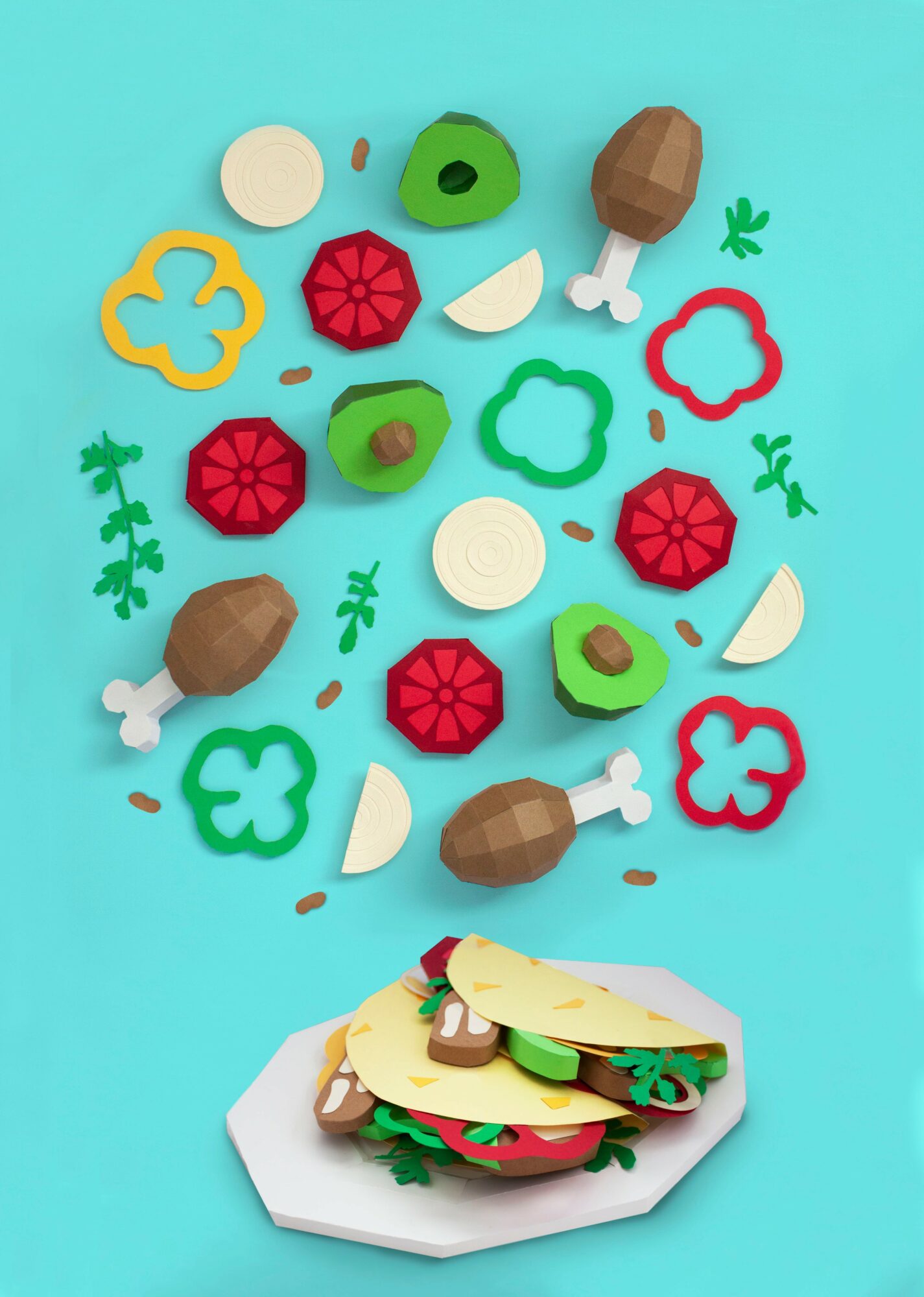 Colorful toy food items and vegetables scattered above a sandwich on a white plate, on a light blue background.
