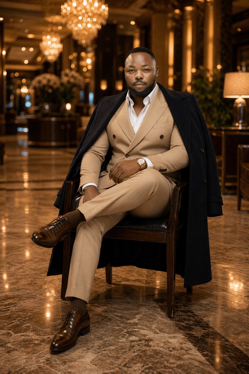 Man in beige suit and dark coat seated in a luxurious, warmly lit interior with chandeliers and elegant decor.