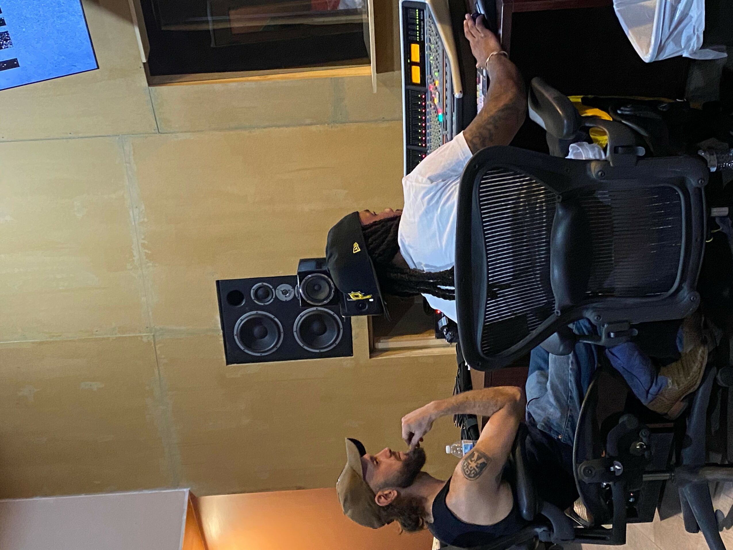 Person with a cat on their shoulder working at a desk with a computer and speakers in a room.