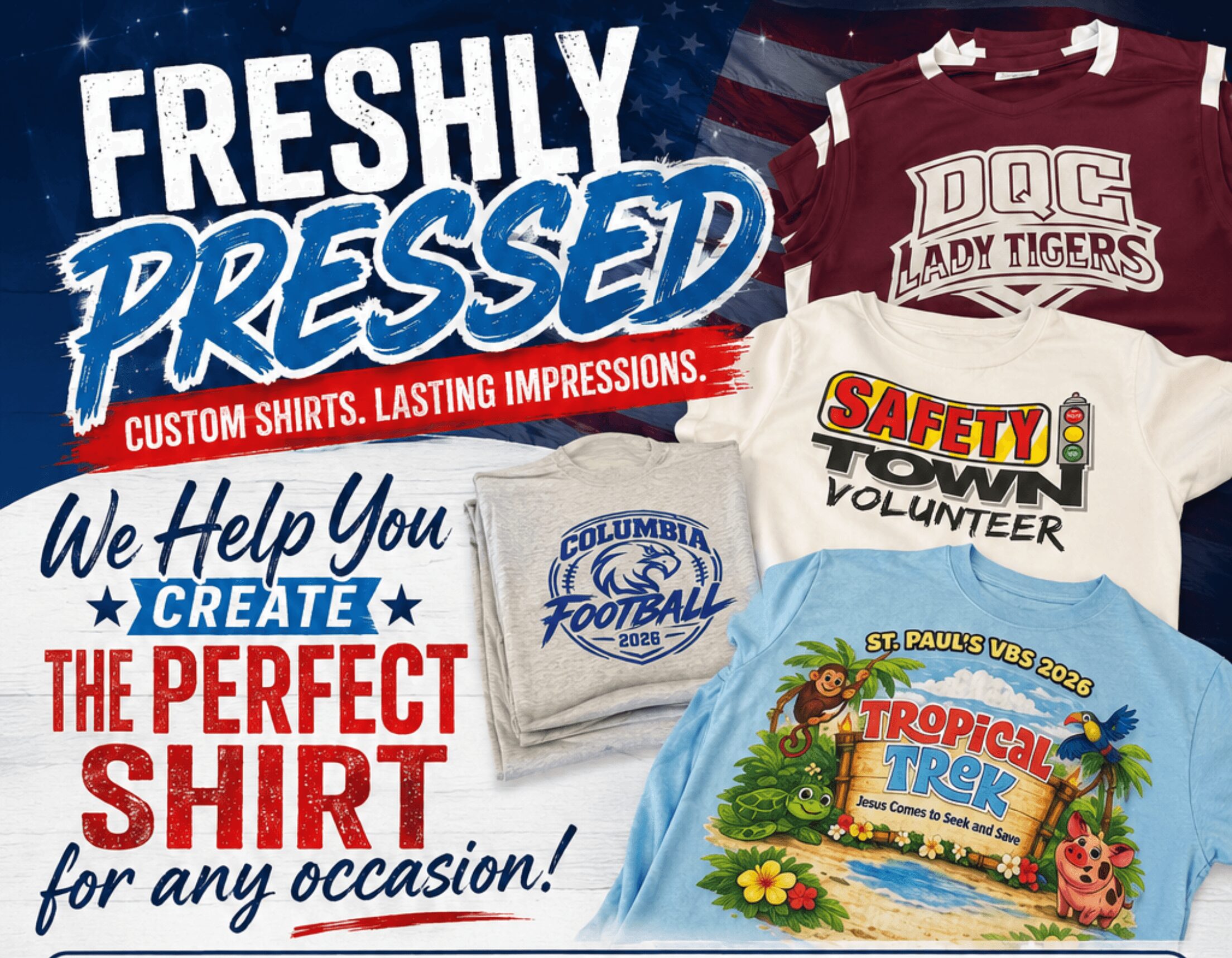 Stack of custom T-shirts with various designs, including safety volunteer, tropical theme, and sports logos, on a dark background.