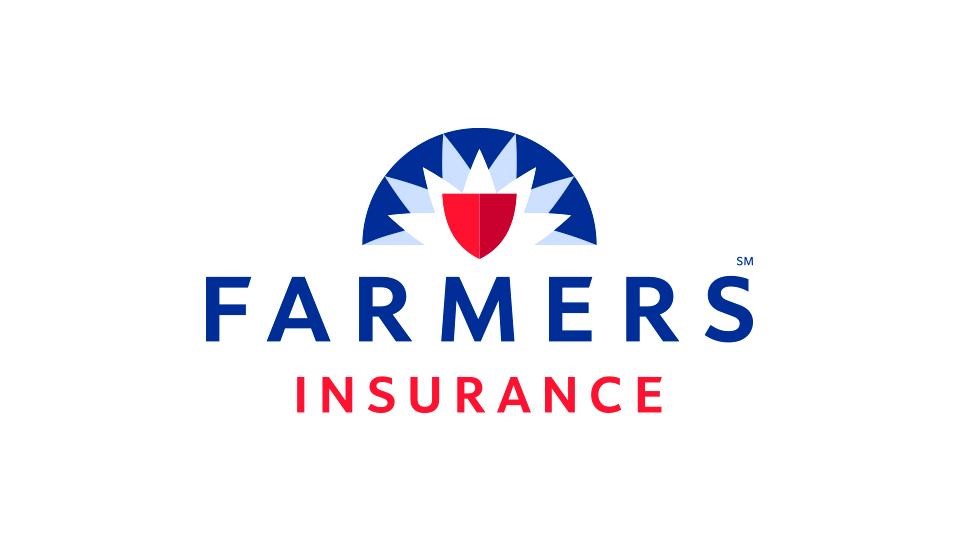 Farmers Insurance logo with a shield and sunburst design, text below reading 'FARMERS INSURANCE'.