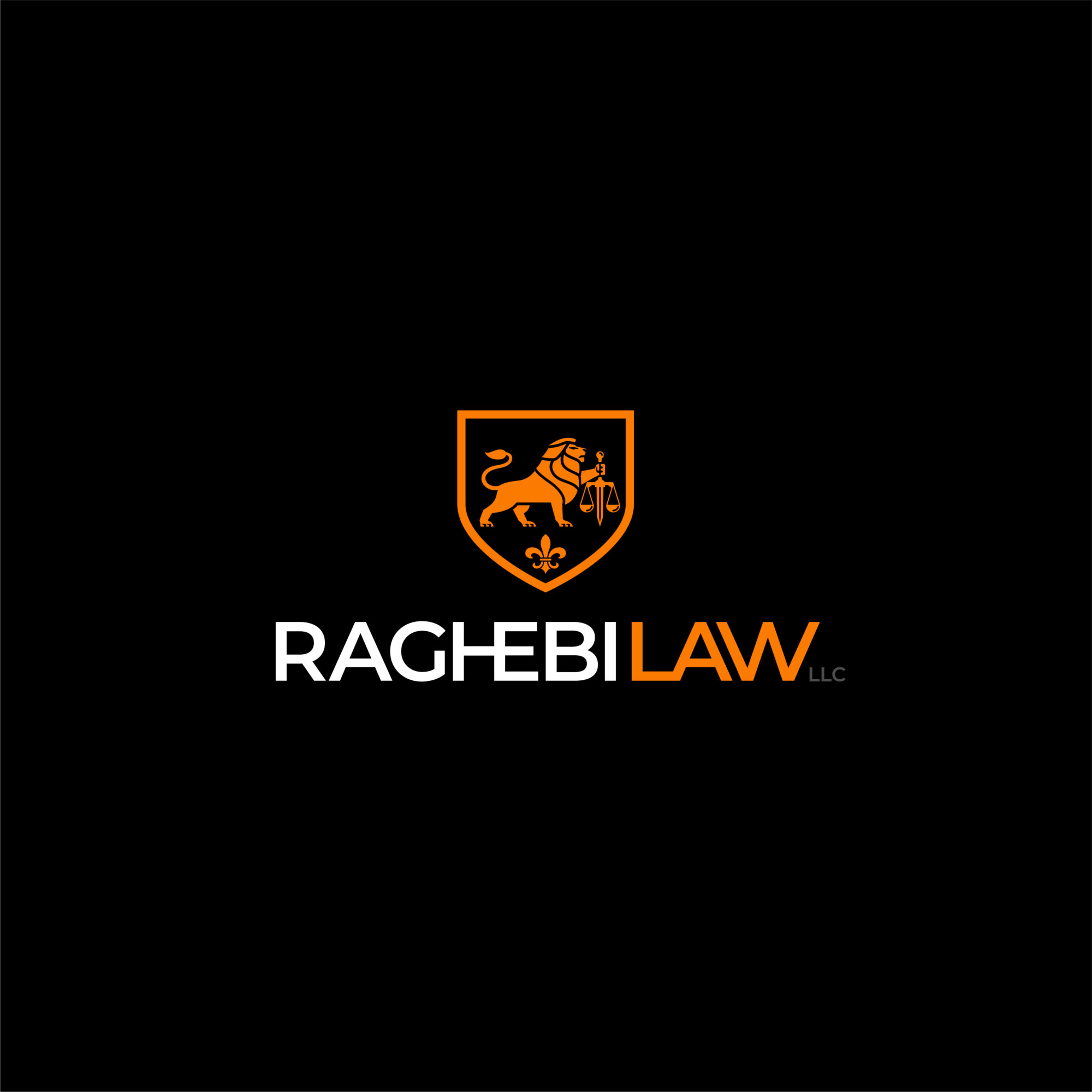 Logo with a lion holding a sword inside a shield, and text 'RAGEBI LAW' below, on a black background.