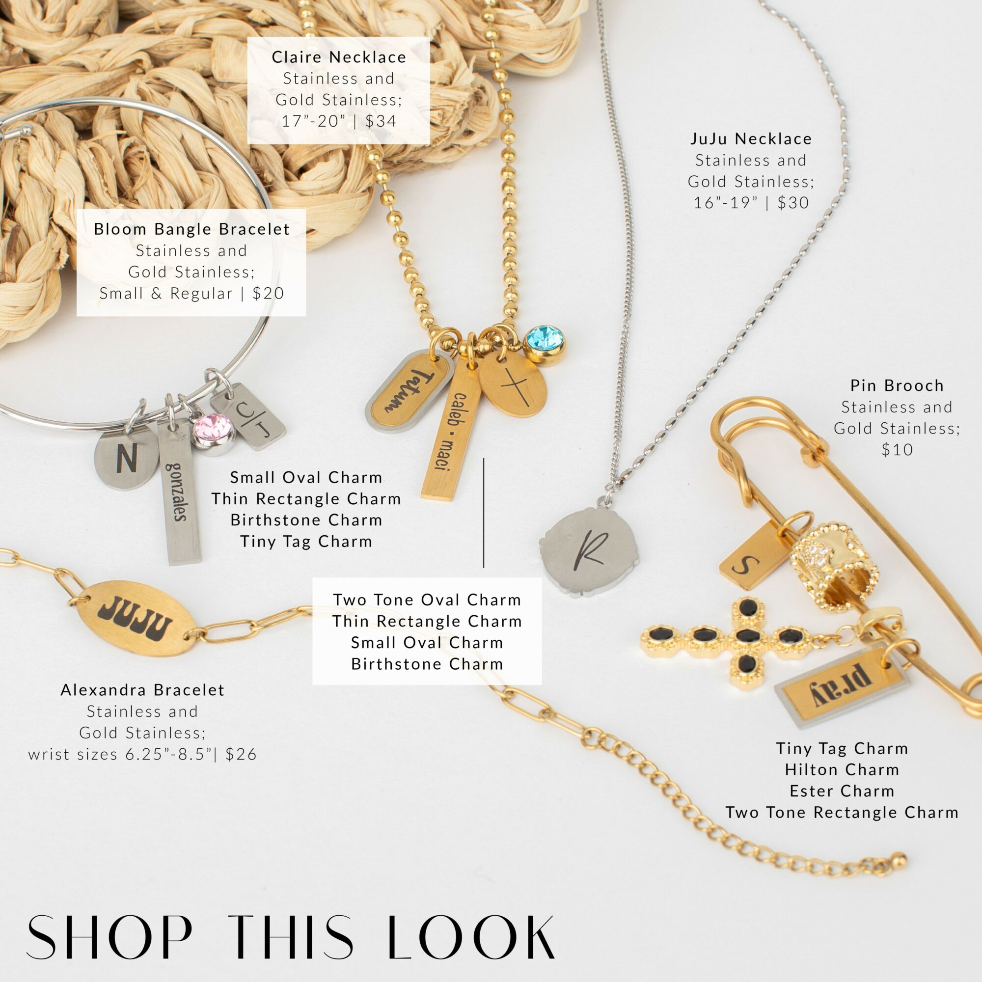 Various jewelry pieces including necklaces, bracelets, and charms displayed on a white background with labels and prices.
