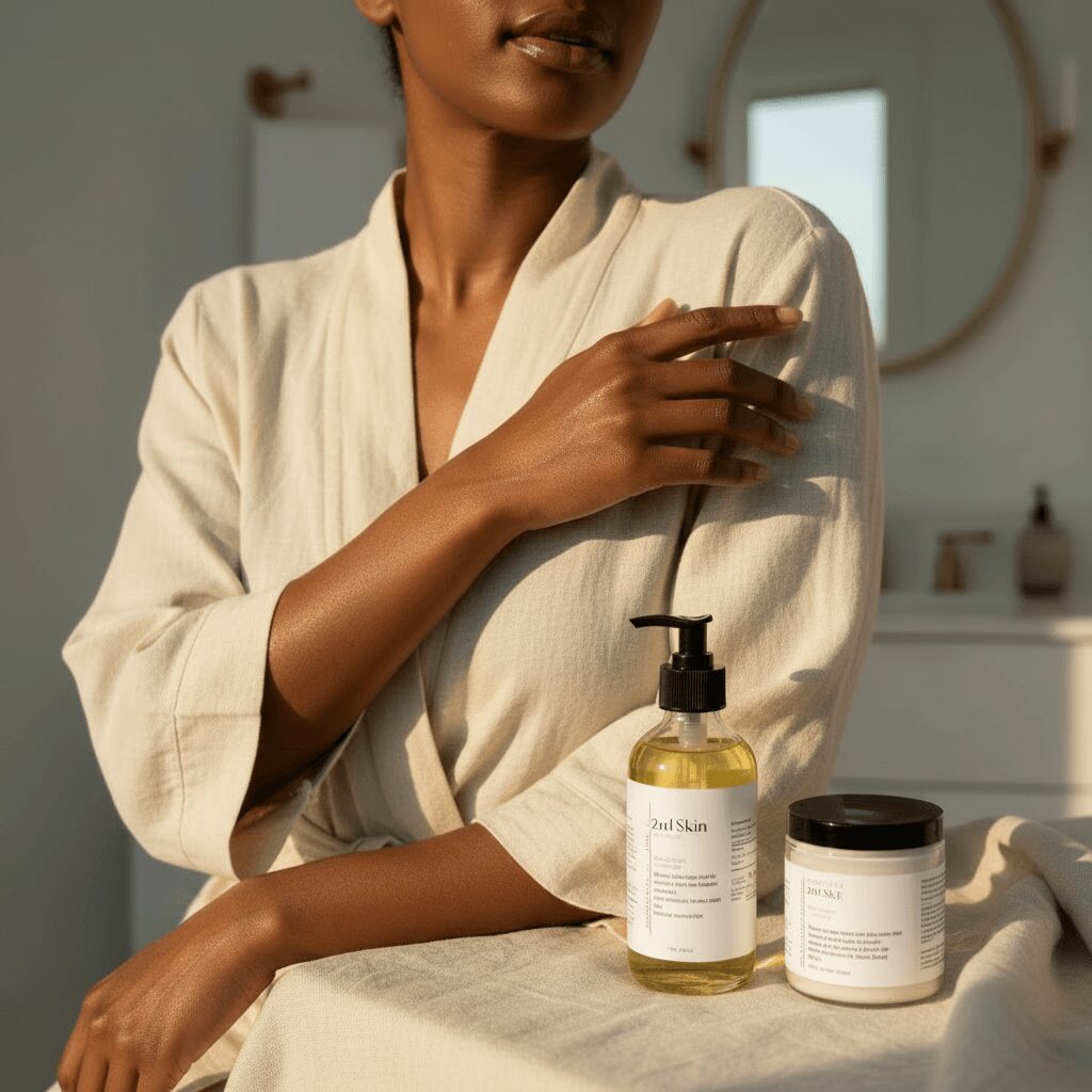 Person in a cream robe with skincare products on a table, in a bright room with a mirror in the background.