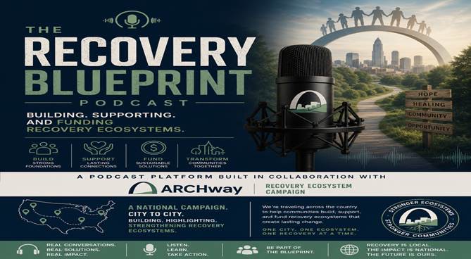 Podcast cover titled 'The Recovery Blueprint' with a microphone, city skyline, and bridge silhouette, promoting ecosystem building and funding.
