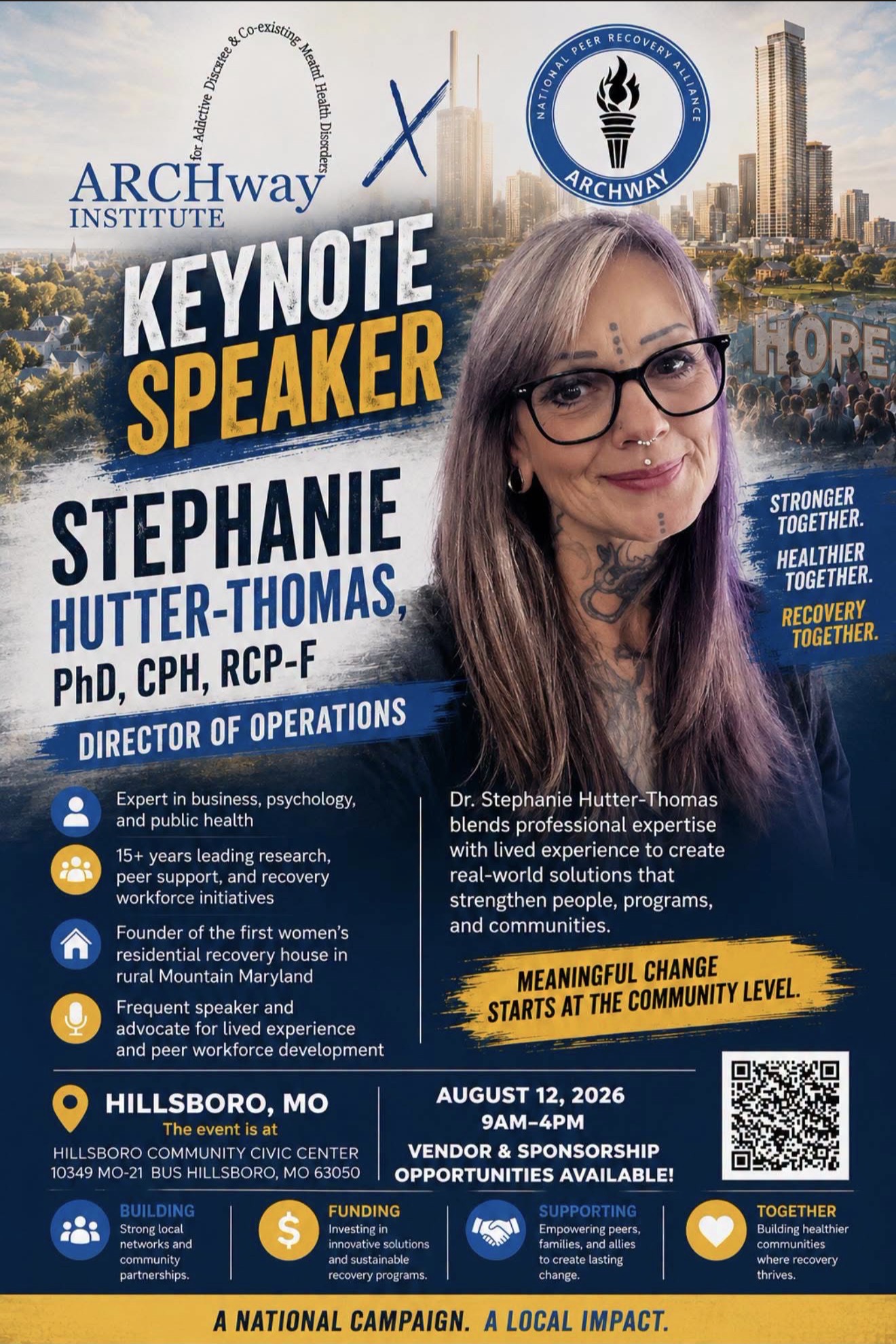 Poster featuring a woman with glasses, event details, logos, and cityscape background, promoting a keynote speaker event on August 12, 2026.