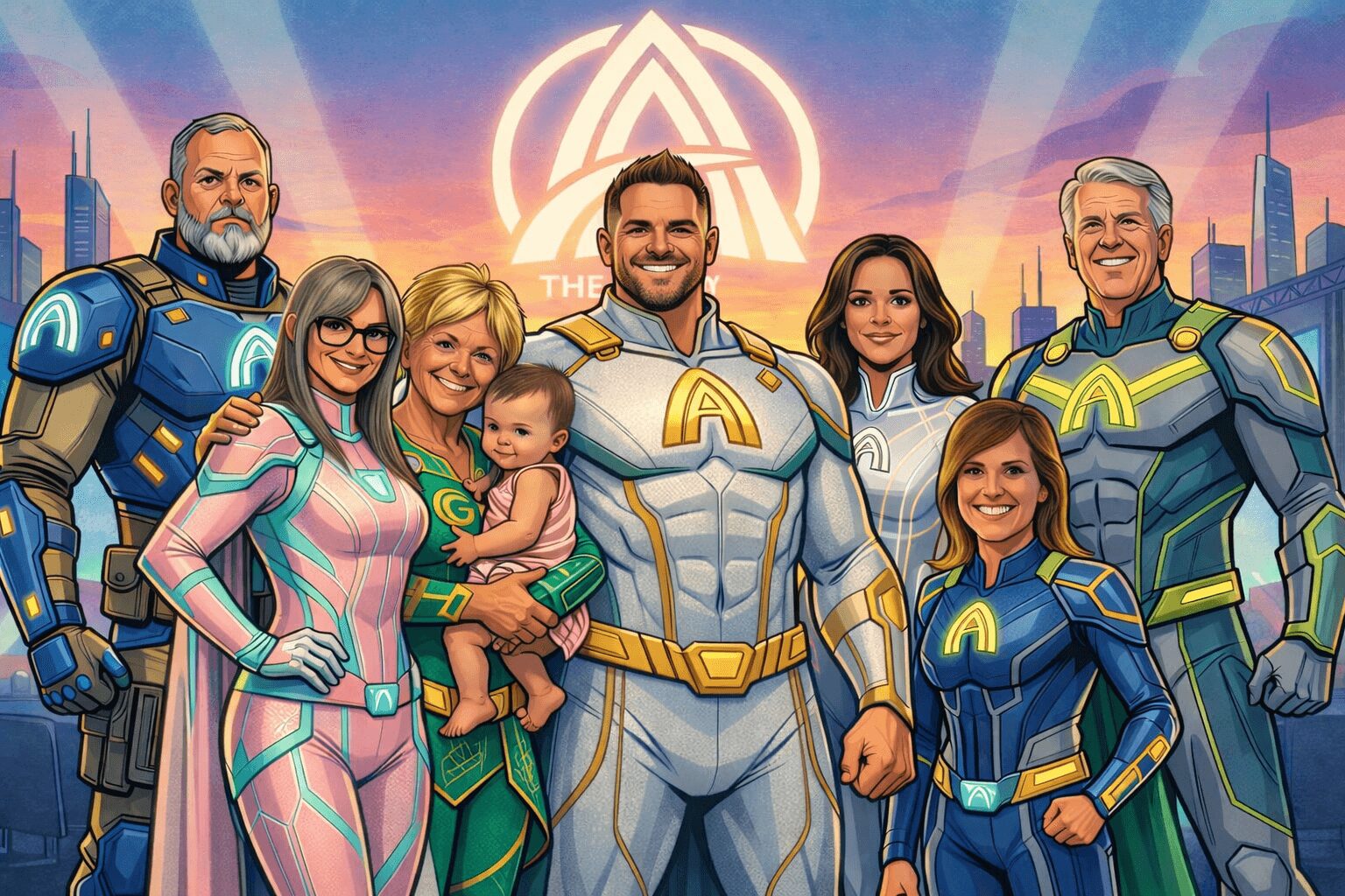 Group of seven people in superhero costumes standing together with a city skyline and glowing symbol in background.
