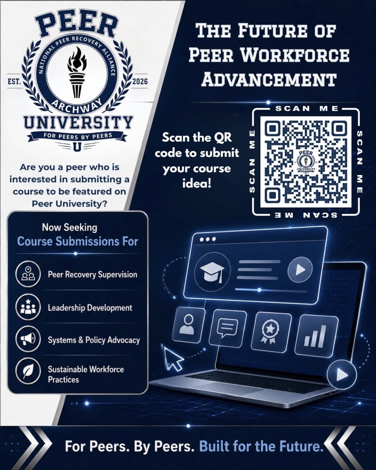 Peer University logo with text about peer workforce advancement, QR code, and course submission options, on a blue background.