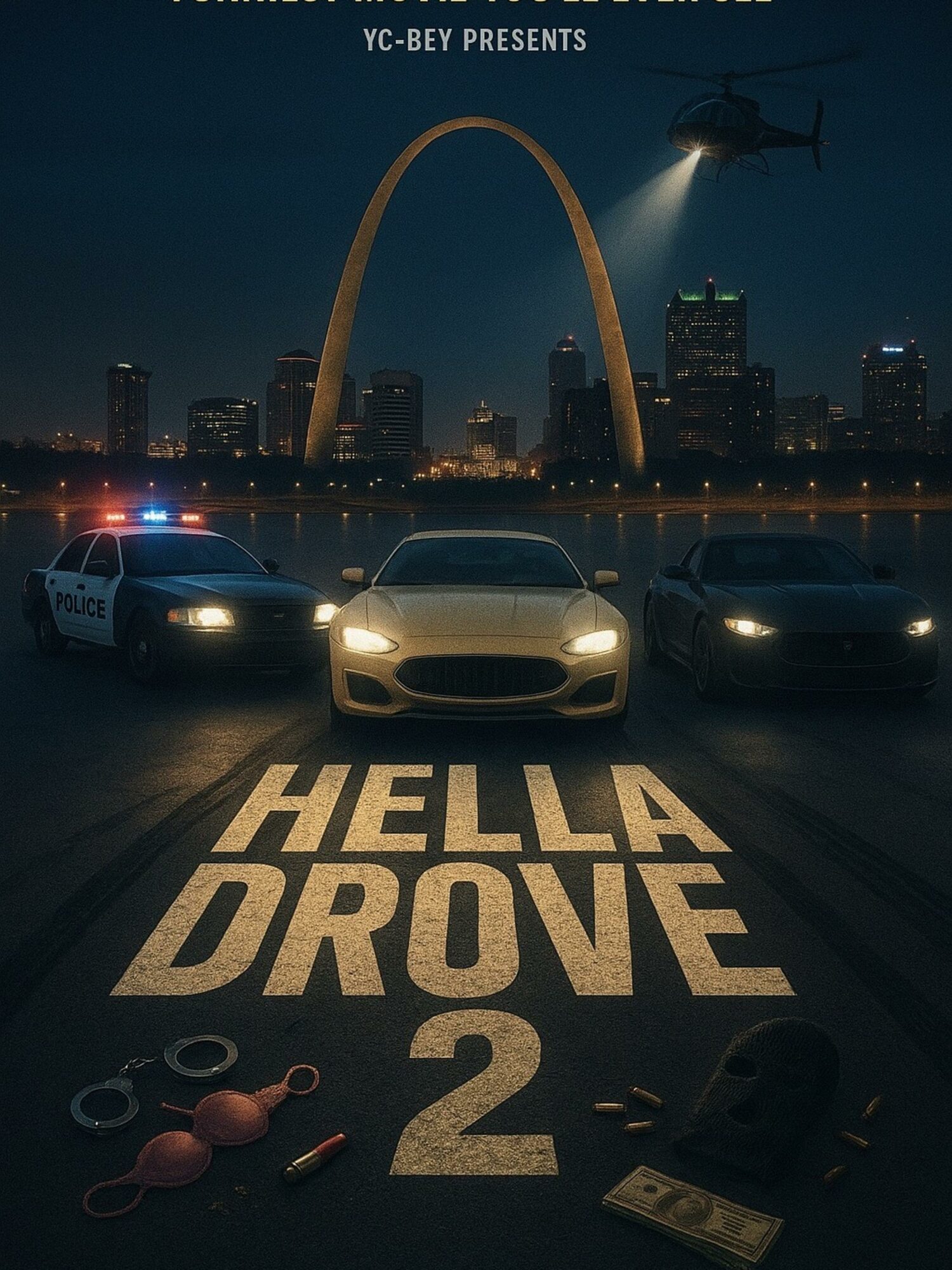 Three cars parked on a road at night with city skyline, helicopter, and the Gateway Arch in background. Text reads 'HELLOA DRIVE 2'.