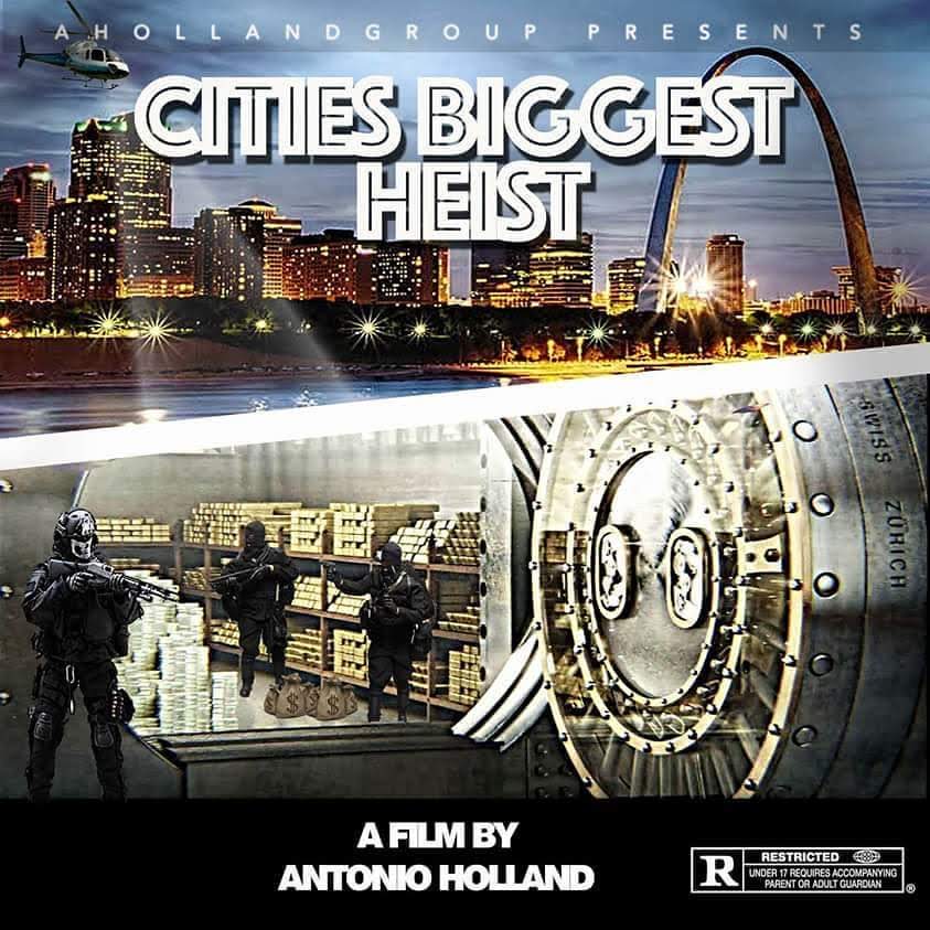 Movie poster for 'Cities Biggest Heist' showing city skyline, a vault door, and armed guards, with title and director's name.