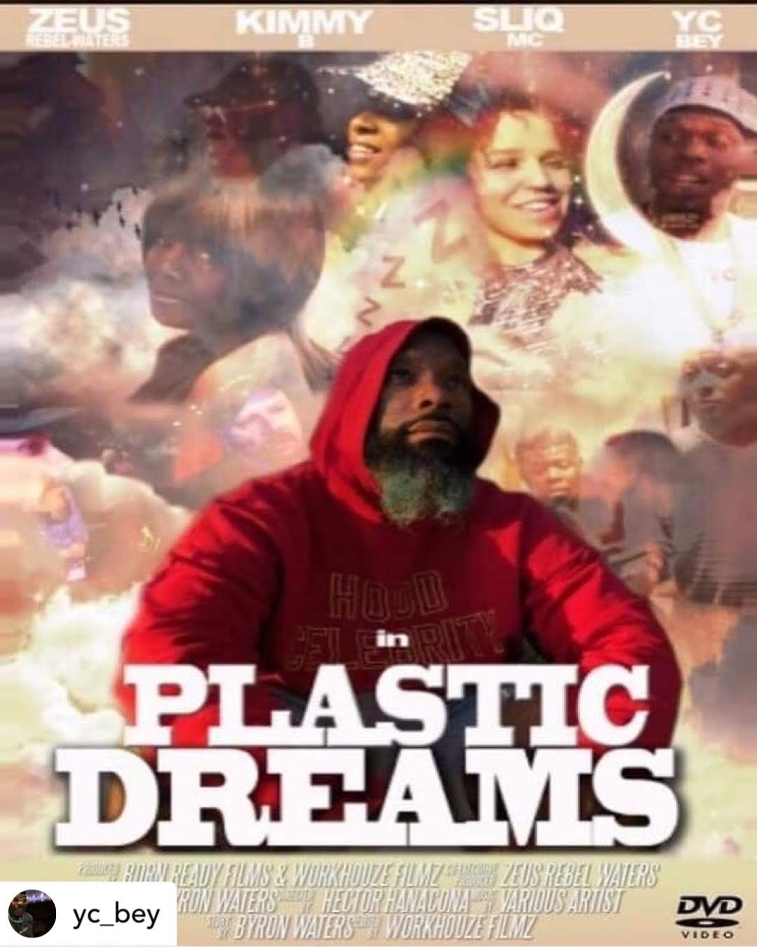 A man with a red hoodie and beard in front of a collage of smiling people and clouds, with text 'PLASTIC DREAMS'.