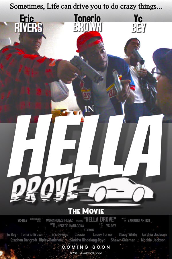 Group of young people holding guns, with text about life and a car illustration, promoting a movie titled 'HELLO PROVE'.