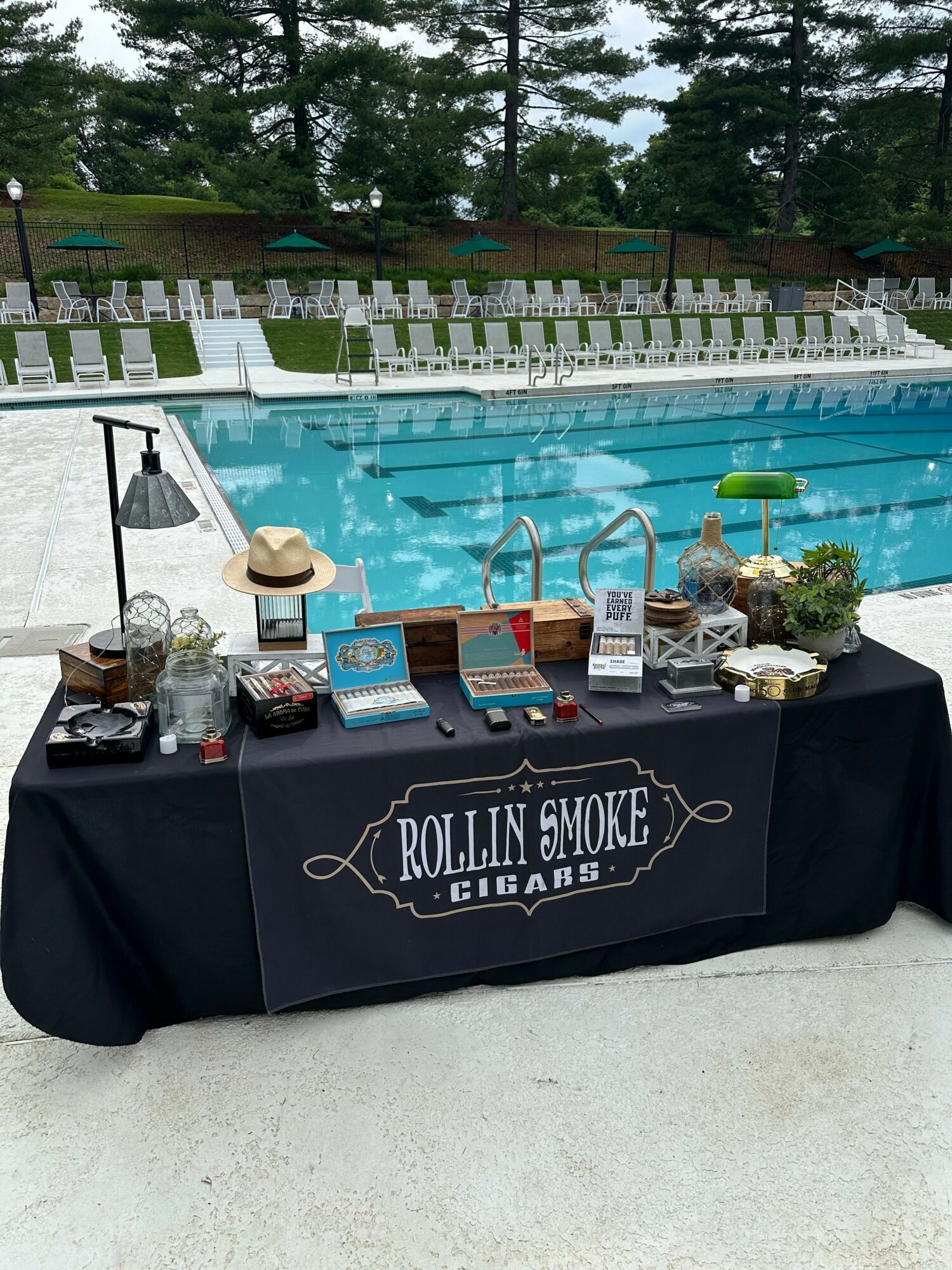 Table with various items near a swimming pool, including plants, books, and decorative objects, with pool and trees in background.