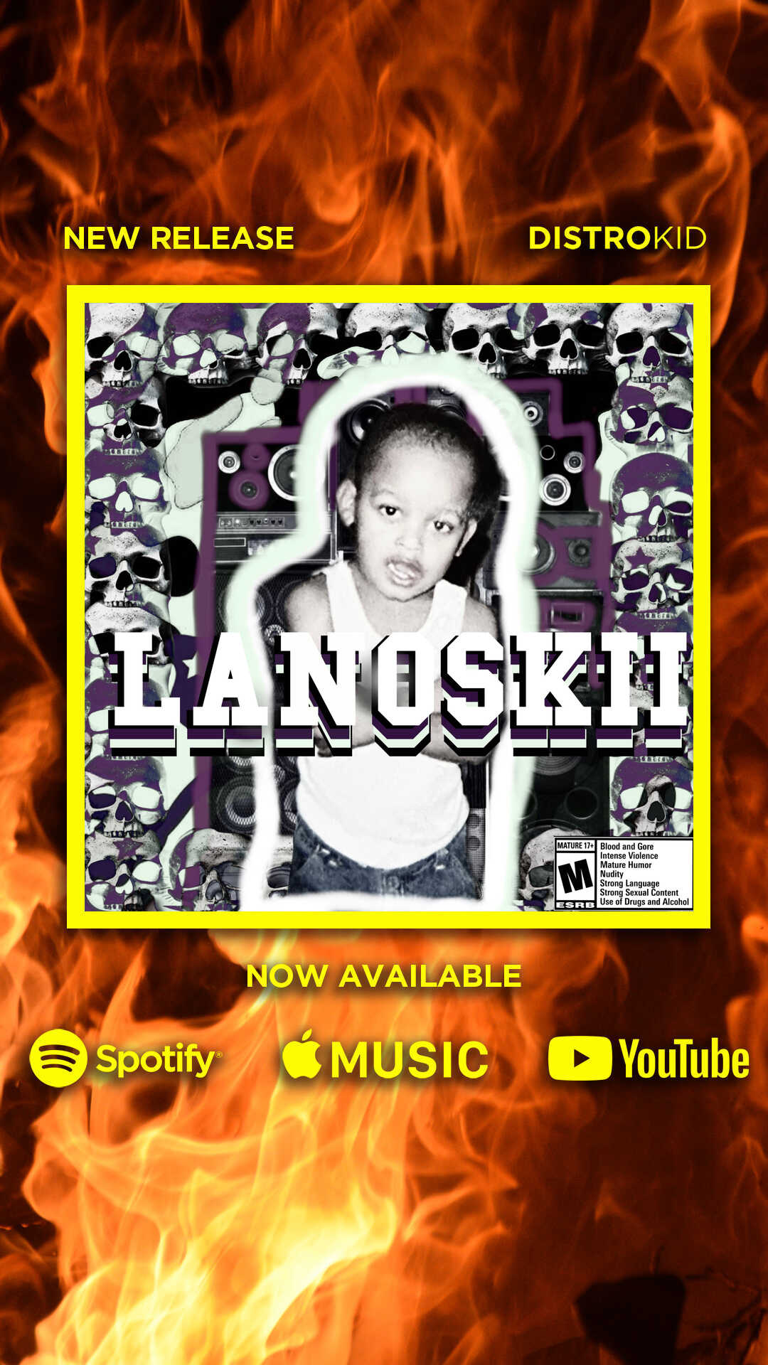 Black and white photo of a young person with headphones, surrounded by music equipment, with flames in the background.