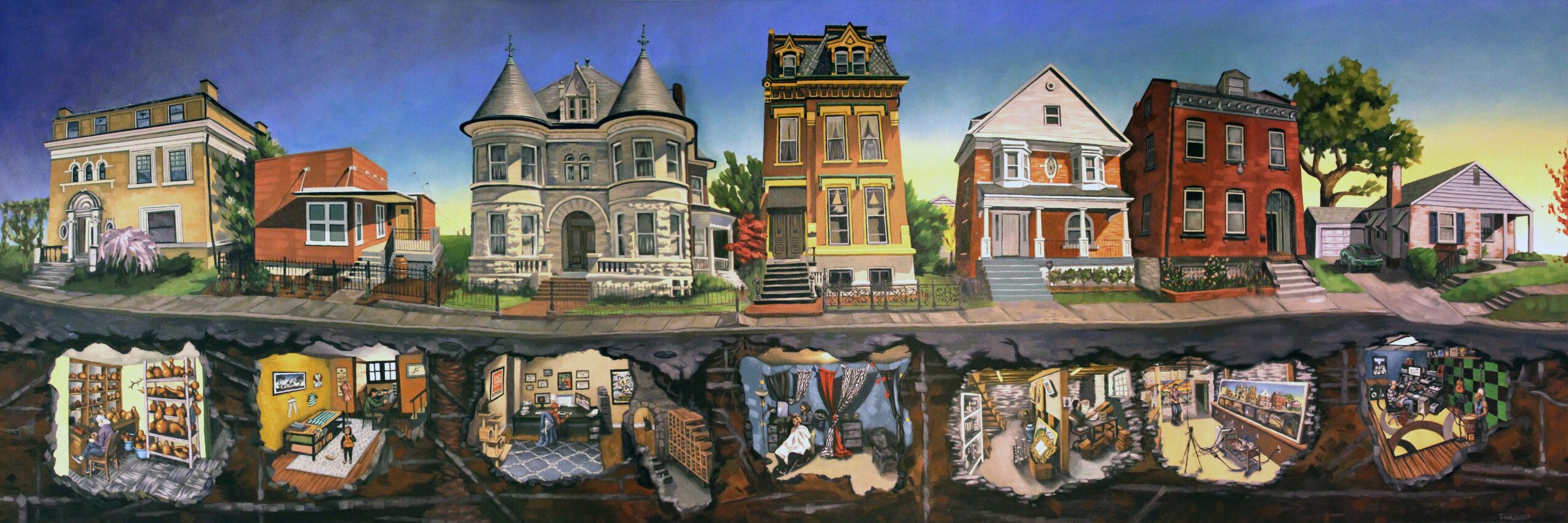 Cross-section of underground tunnels and rooms beneath a row of colorful houses, showing various interior spaces and structures.