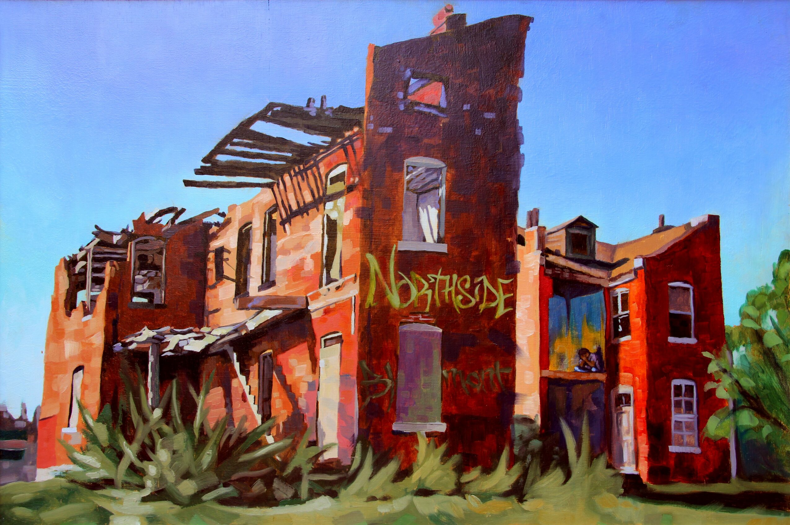 Painting of a damaged, partially collapsed brick building with a blue sky background and green foliage in front.