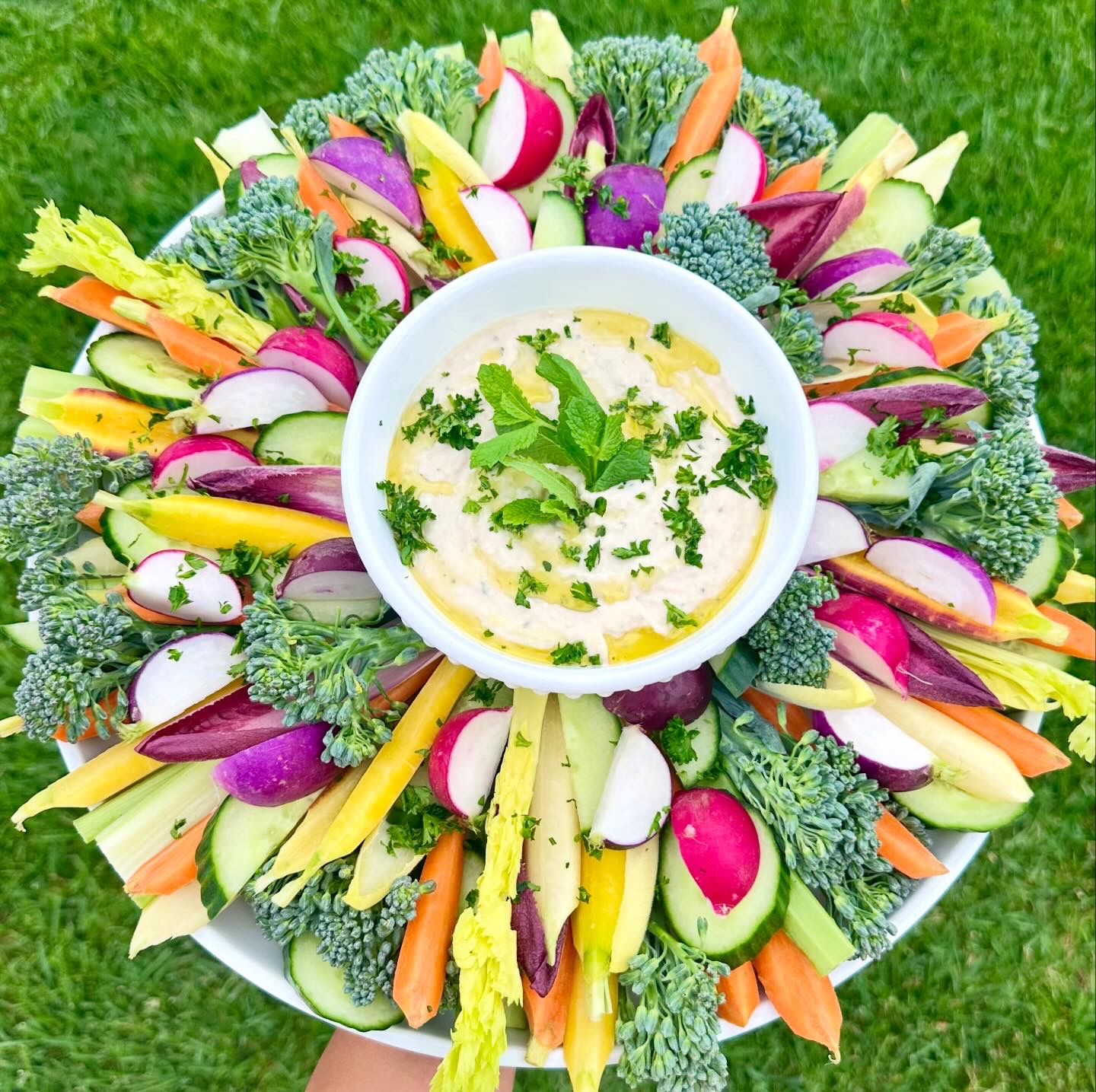 Colorful vegetable platter with a bowl of dip in the center, arranged on a green grassy background.