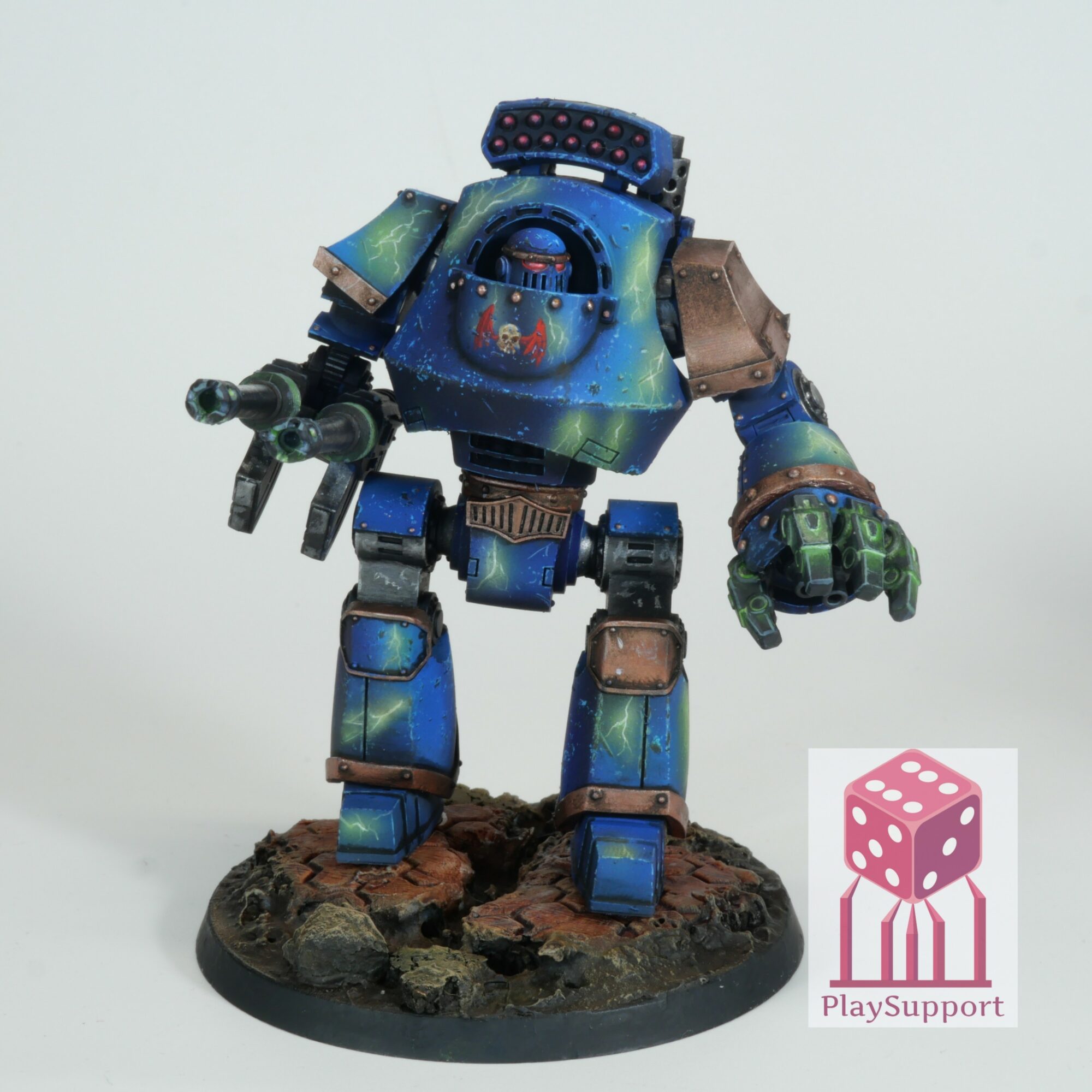 Painted miniature robot with a galaxy-themed design, standing on a textured base, holding a weapon, against a plain background.