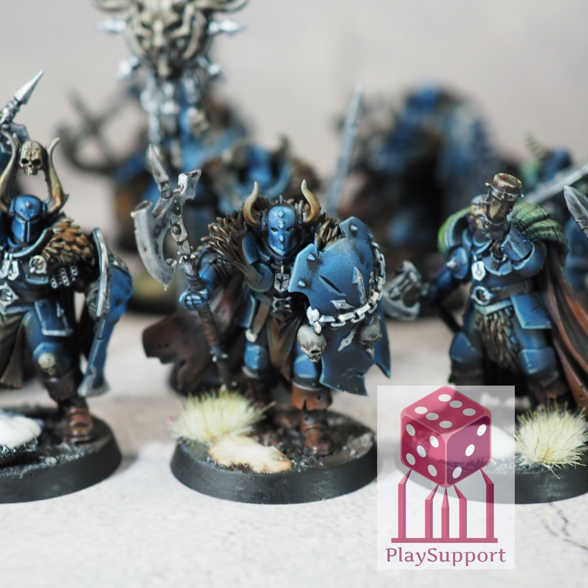 Group of painted miniature fantasy warriors with armor and weapons, standing on round bases, with a pink dice logo and text.