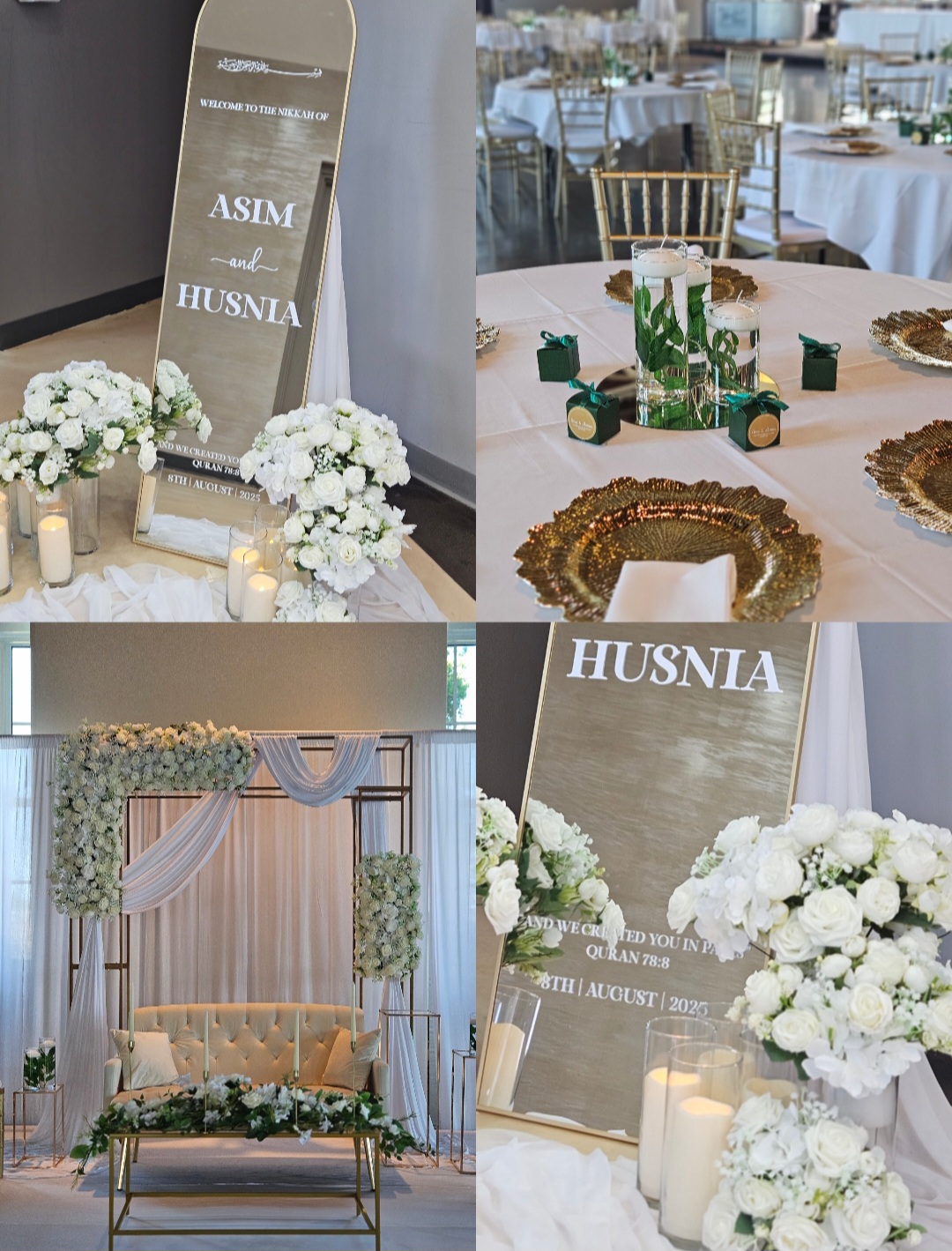 Wedding reception setup with floral arrangements, decorated tables, and a sign with names, in a decorated venue.