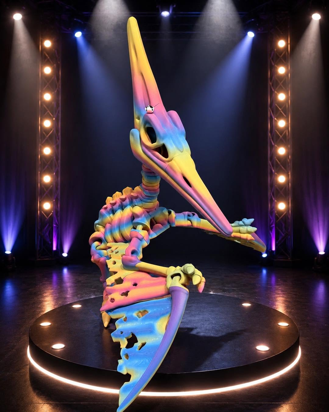 Colorful puppet of a bird with a long beak on a stage with bright lights and purple accents.