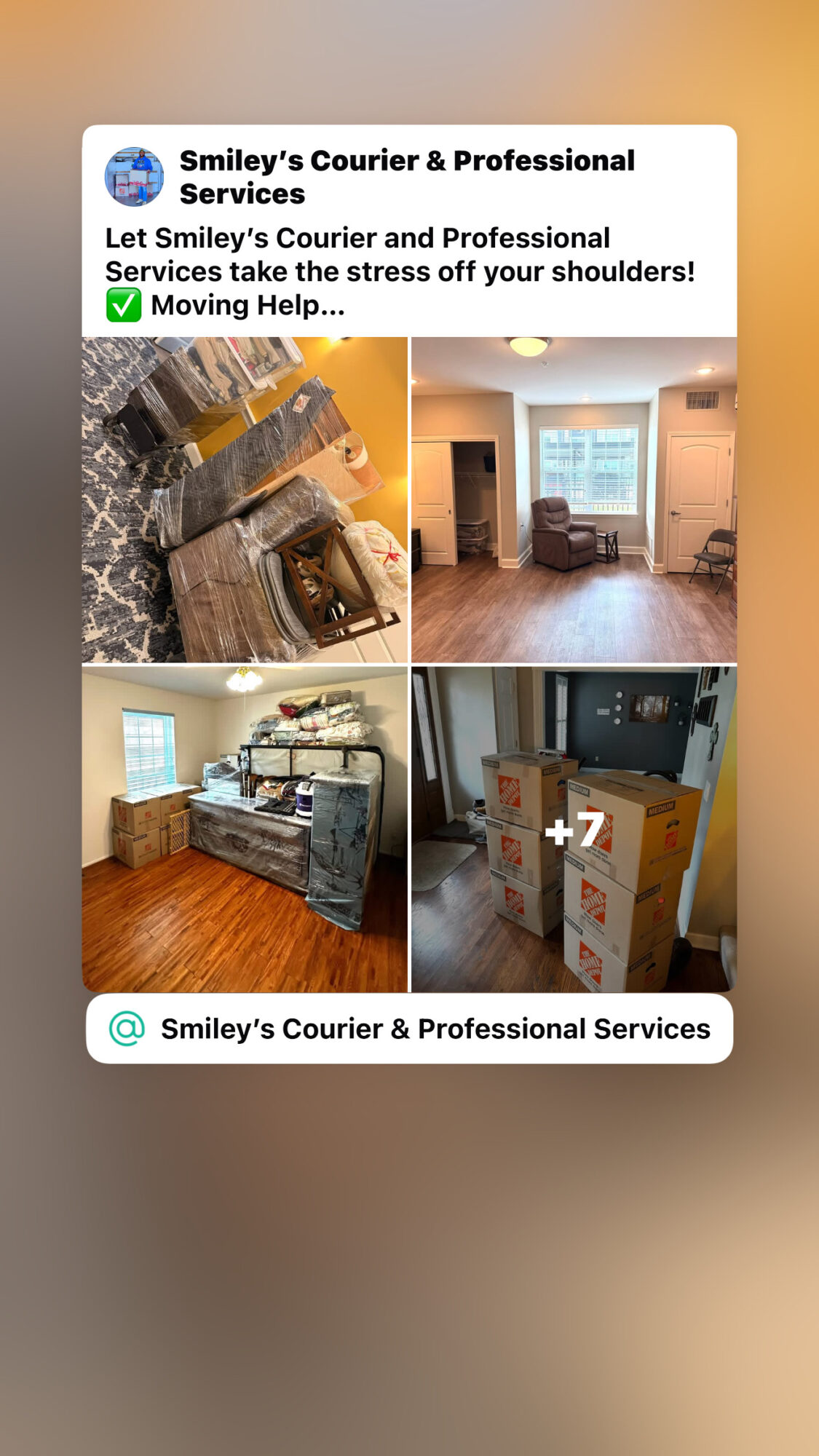 Collage of four images showing moving boxes, a living room, a kitchen, and packed items, with text about professional moving services.