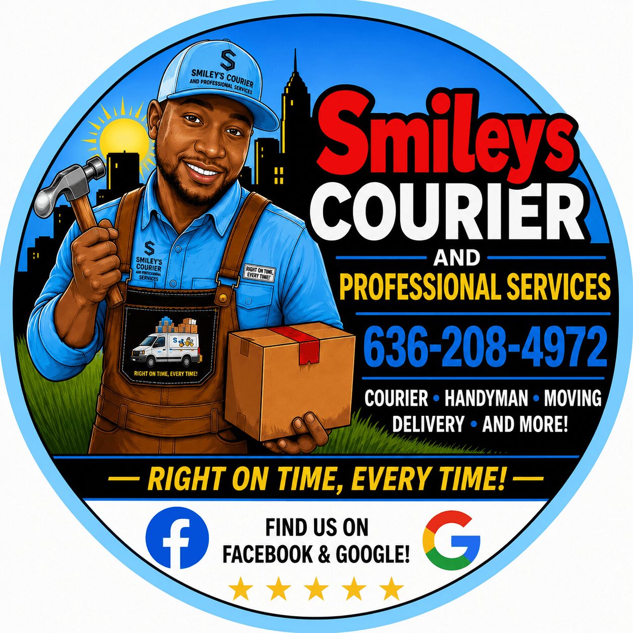 Smiley's Courier logo with a smiling delivery person holding a box, city skyline, and contact info, on a circular background.